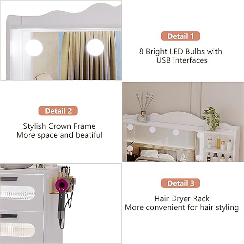 Miniatura 9 de dnbss Escritorio de tocador con espejo y luces, mesa grande de maquillaje con estación de carga, juego de tocador blanco con 5 cajones, muchos