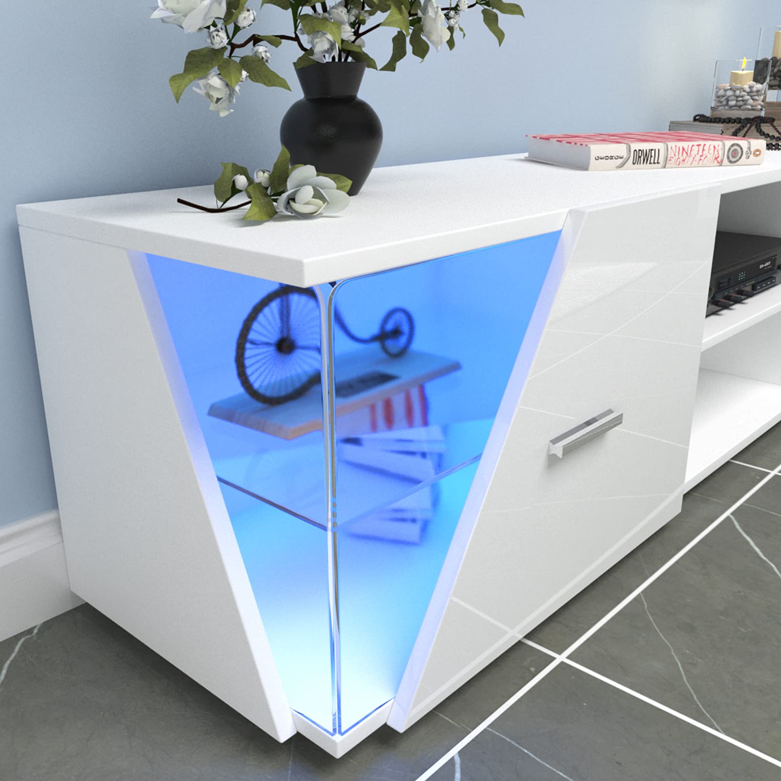 Dripex Meuble TV Bas Blanc Brillant avec éclairage LED 150 x 37 x 35 cm