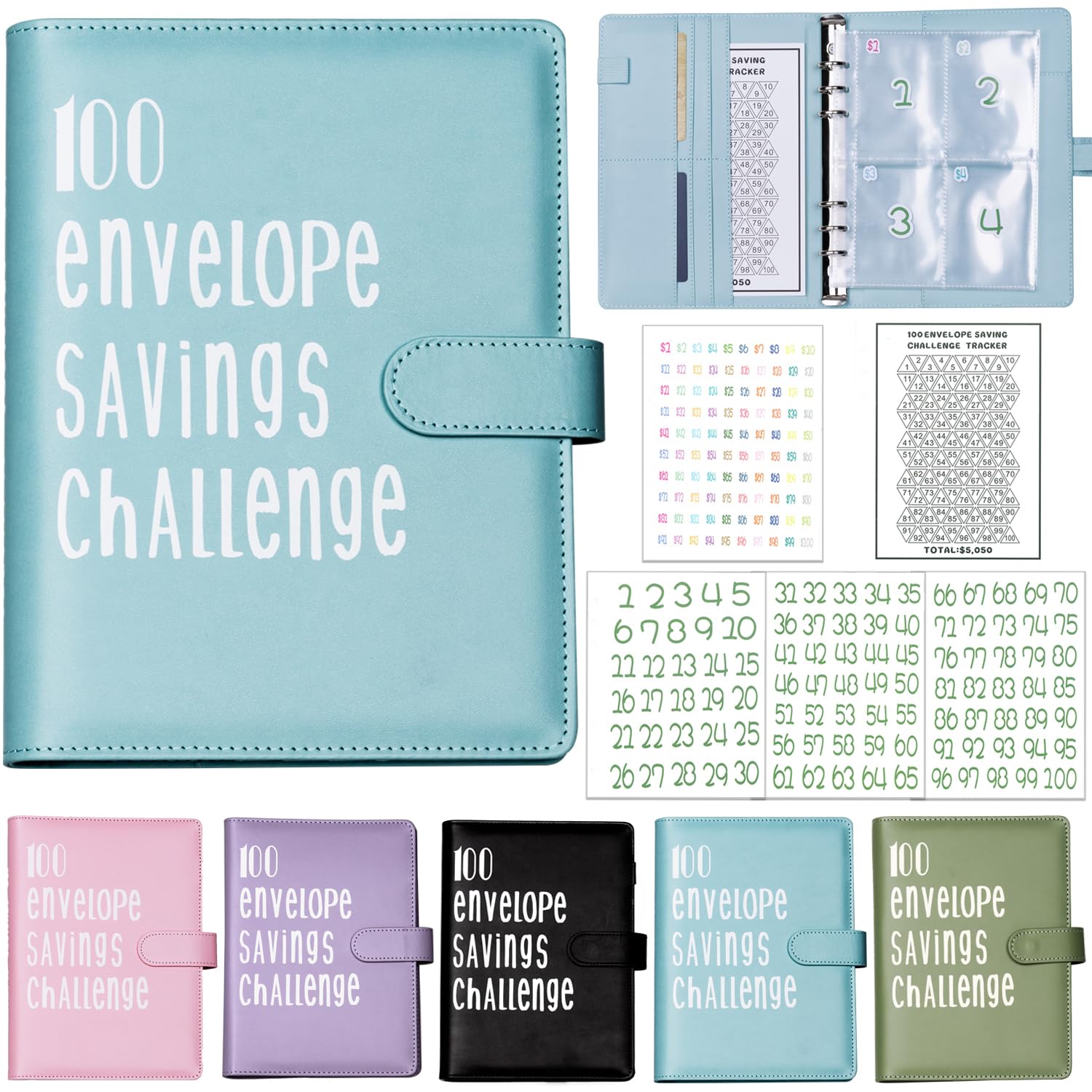 100 Envelopes Money Saving Challenge Binder Kit, Prefdo Budget Binder Book Organizer with Cash Envelopes for 100 Day Cash Stuffing, Budgeting Planner Saving Money (Blue)