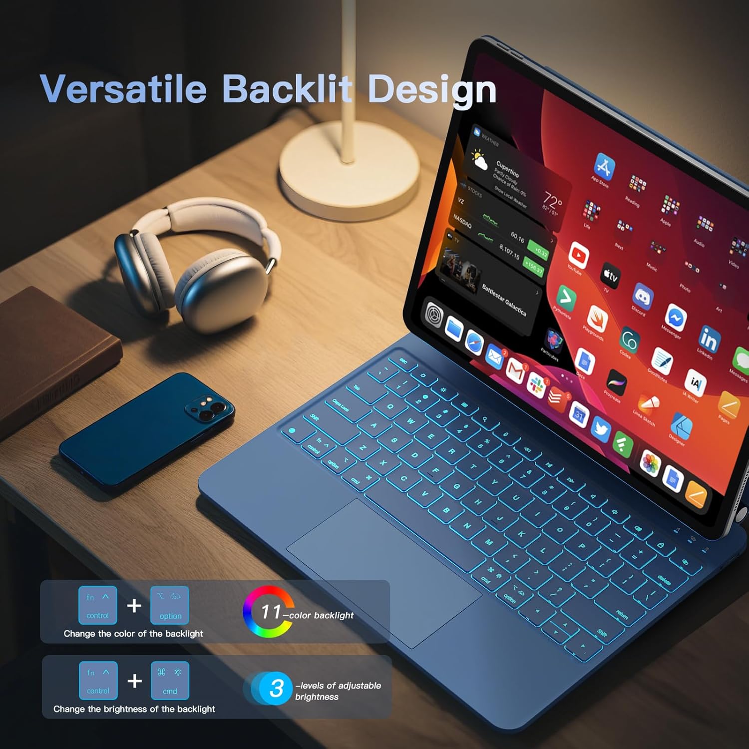 for ipad Pro 13 inch Case with keyboard (M5 2025 / M4 2024), Magic Keyboard with Pencil Buckle, 11 Colors Backlight, Stain-Resistant Surface, Multi-Touch Trackpad, Magnetic Stand, Steel Blue