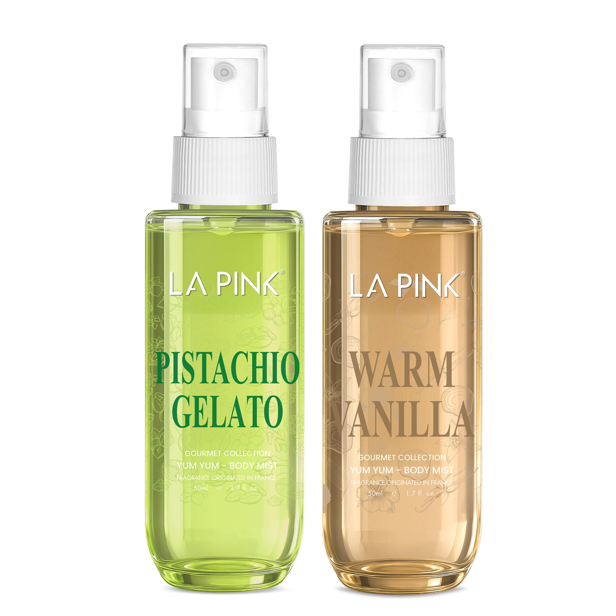 LA PINK Warm Vanilla & Pistachio Gelato Body Mist Perfume Combo | Musk, Creamy Woods, Chocolate, Coconut & Jasmine | Skin-Friendly Unisex Long-Lasting Fragrance Spray | Lasts Up to 6 Hours | 50ml Each