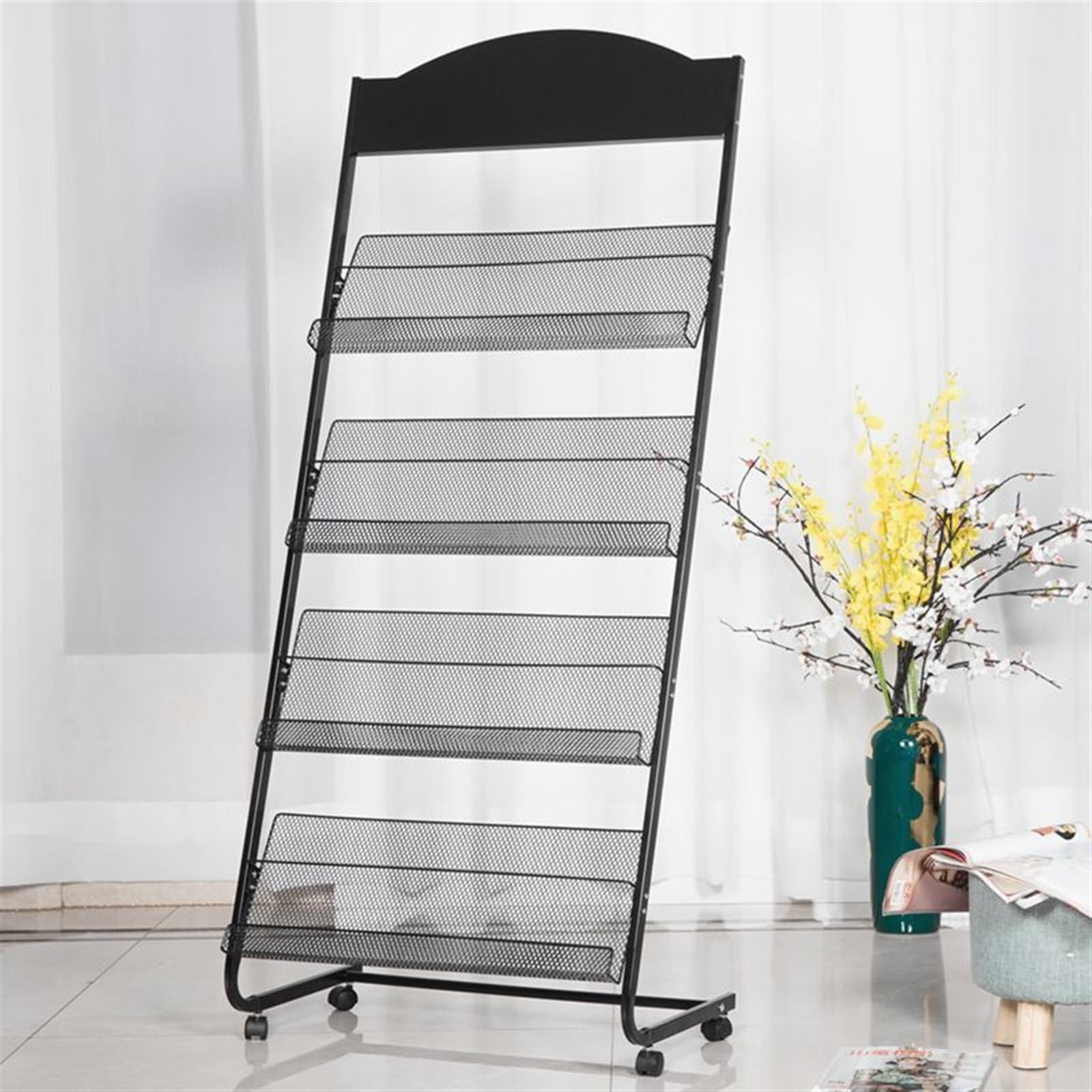 Portariviste da Pavimento per giornali, Portadocumenti in Ferro Nero a 4 Strati, espositore per Libri con 4 Ruote universali,70x146cm