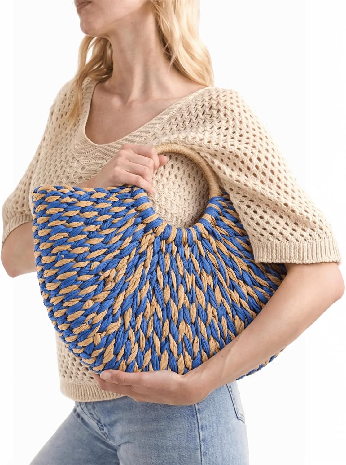 Straw Purse Woven Clutch Beach Bucket Tote Bag Unlined Hobo Handwoven Summer Vacation Handbag for Women