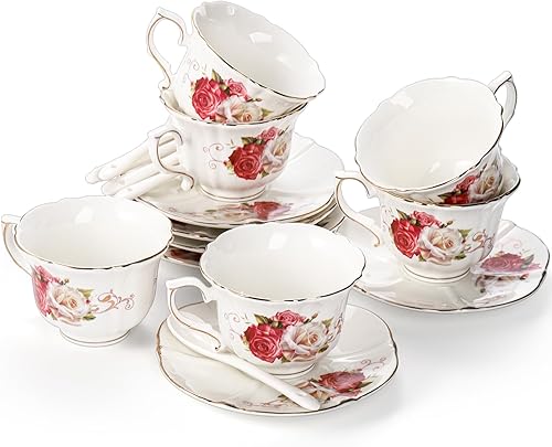 Miniatura 3 de Foraineam Juego de 6 tazas de té y platillo, tazas de té de porcelana marfil rosa con platillos y cucharas, juego de tazas de café floral de 6 onzas