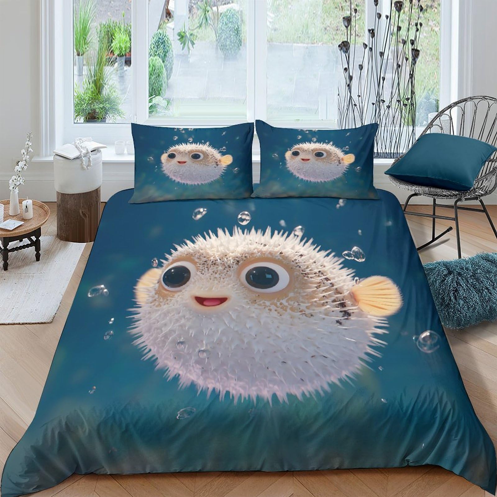 Ctjqhvkz Style-8 3D Printed Cute Puffer Fish Fitted Sheet Microfiber Soft Blue Ocean Mattress Cover For Bedroom Guest Room Dorm Decor Single（135X200cm）