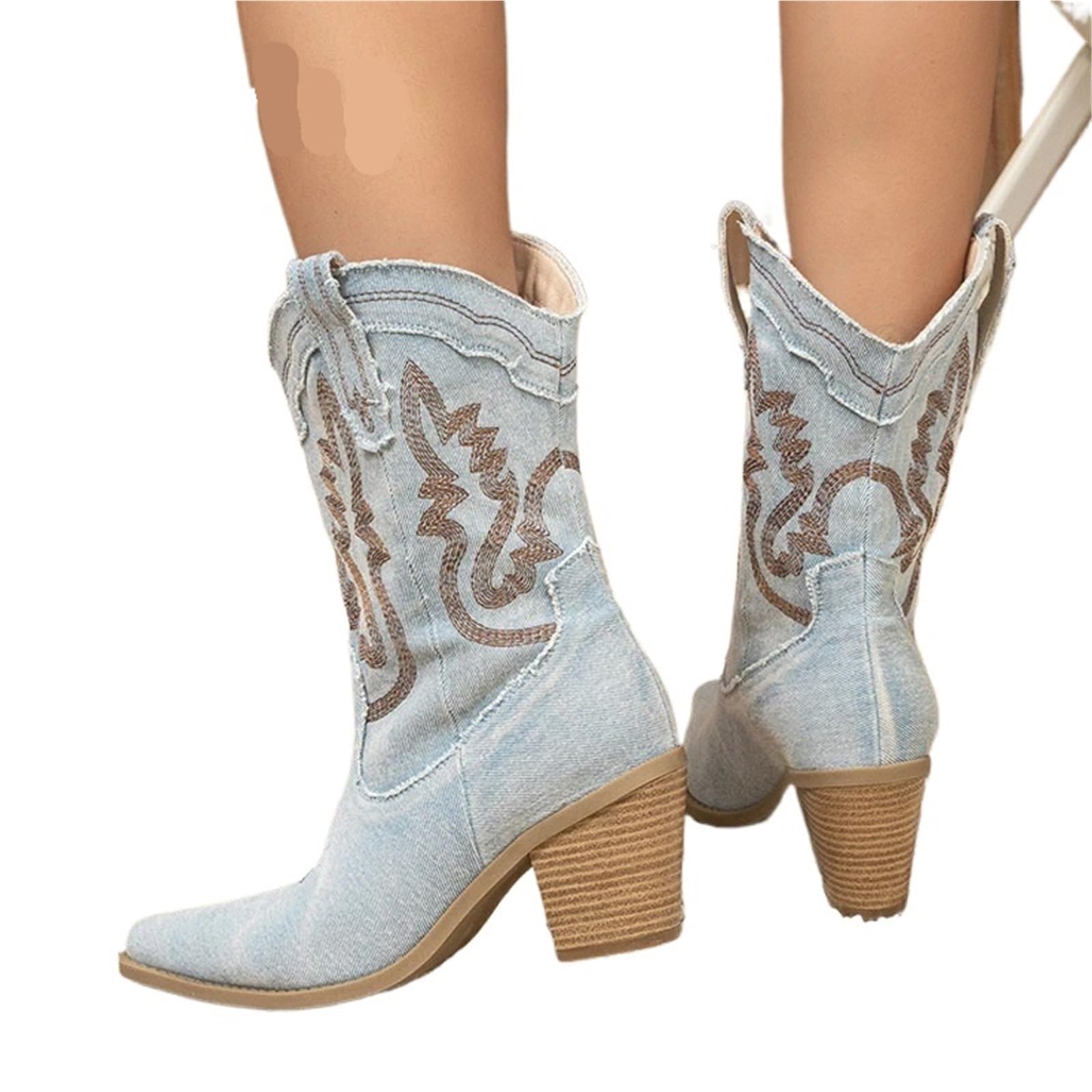Camperos Texani Donna Stivaletti da Donna Occidentali, Sexy, con Punta Spessa e Tacco Alto, da Cowboy, Scarpe da Donna, Taglia 42(Shallow Blue,36)