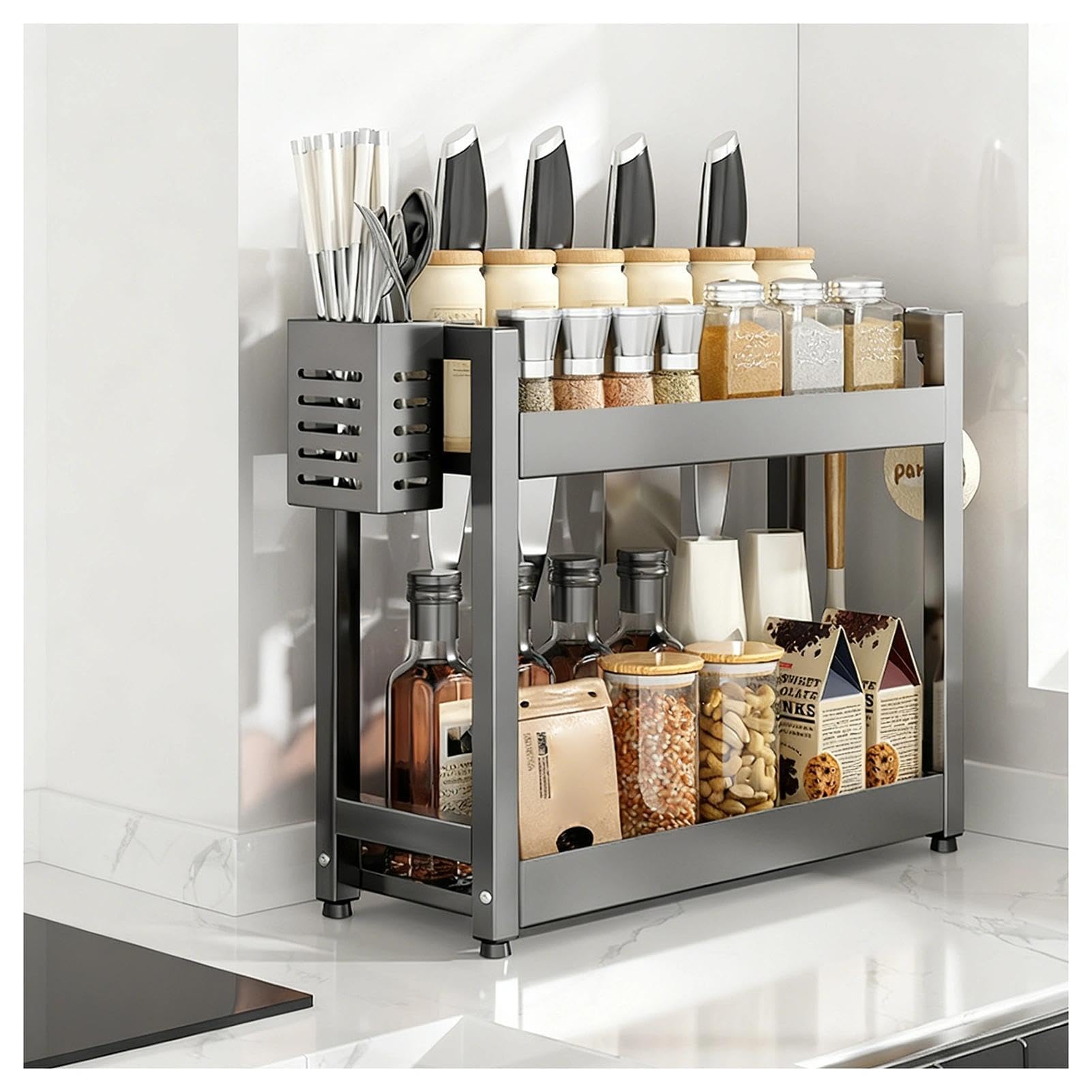 GLJTUO 3-Tier Spice Rack - Standing Desktop Storage Shelf with Hooks & Utensil Holder - Kitchen & Bathroom nization - White, 50cm Countertop Solution for Pantry Storage (Grey 2,Grey-2 Tier-35cm