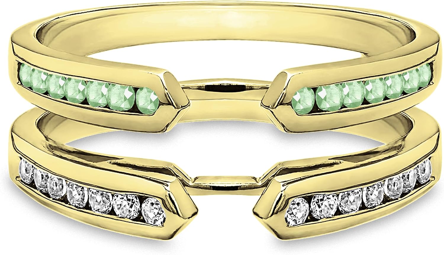 Round Cut Peridot & White Diamond Enhancer Ring Guard, 14K Gold Plated Silver Double Chevron Jacket for Solitaire Ring