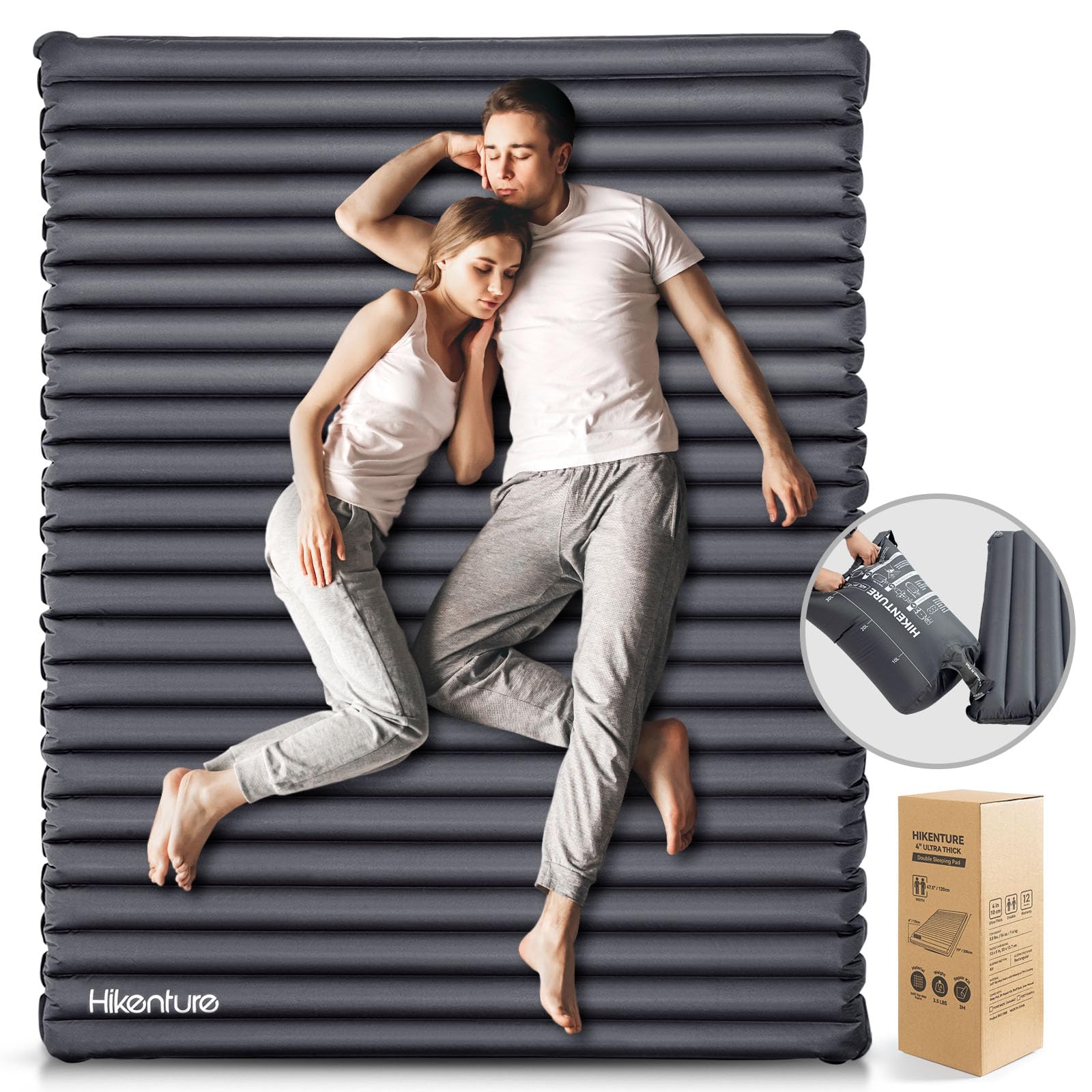 Photo 1 of Hikenture Double Sleeping Pad for Camping, Ultralight 4" Extra-Thick Camping Mattress 2 Person, Inflatable Backpacking Sleeping Mat, Hiking Air Mattress for Tent (Grey Pumpsack 79x47.5in)