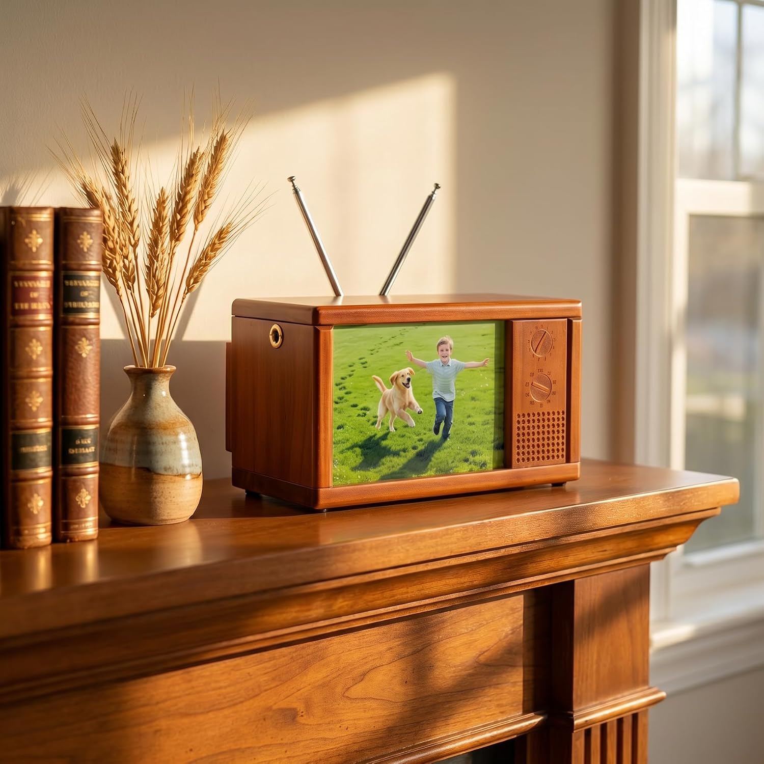 Solid Wood Retro TV Mode Piggy Bank Double Currency Box Photo Frame Small TV Statue Home Decoration Item Creative Savings Model Unique Gift for Children Collectors