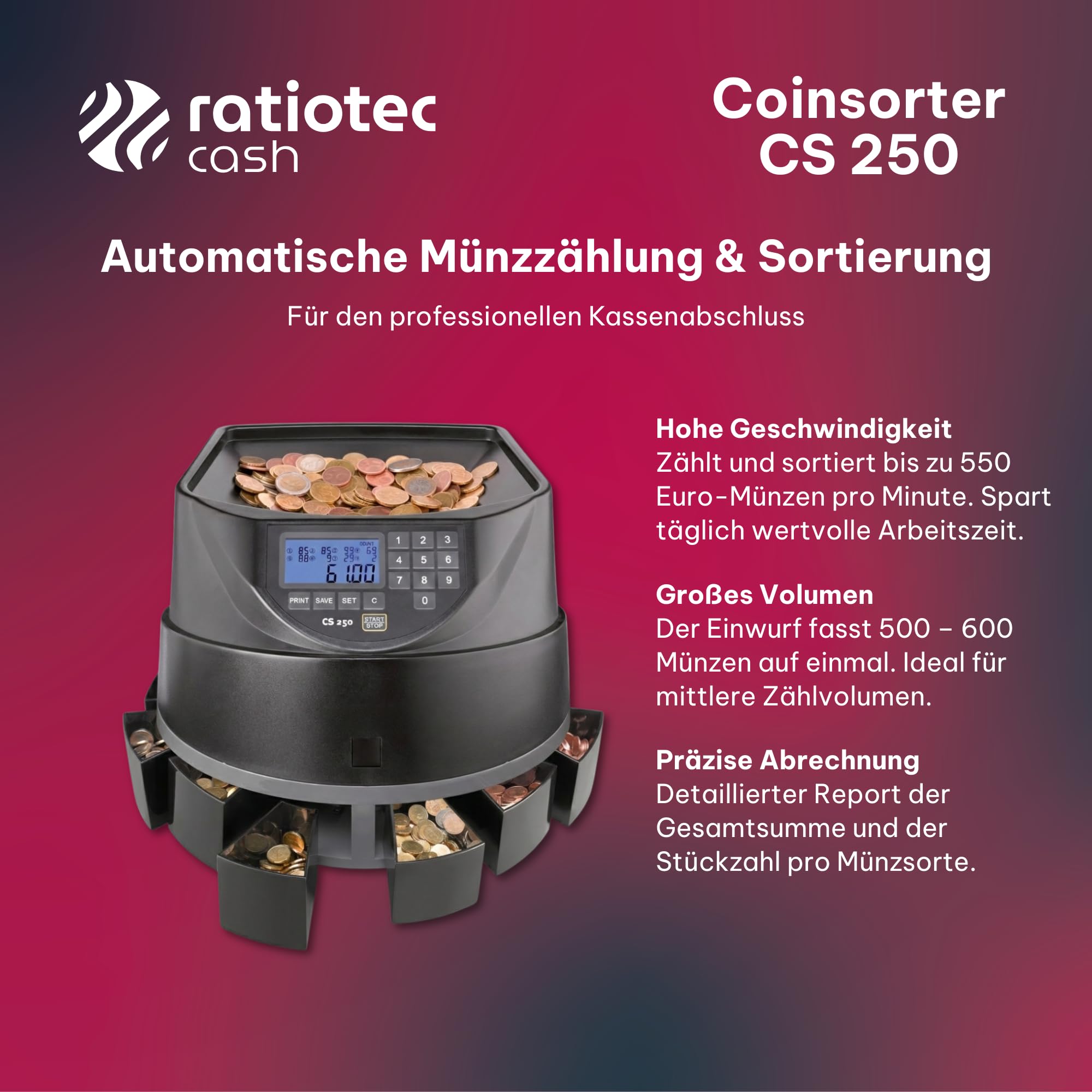 Contador de monedas Ratiotec COINSORTER CS250 Negro