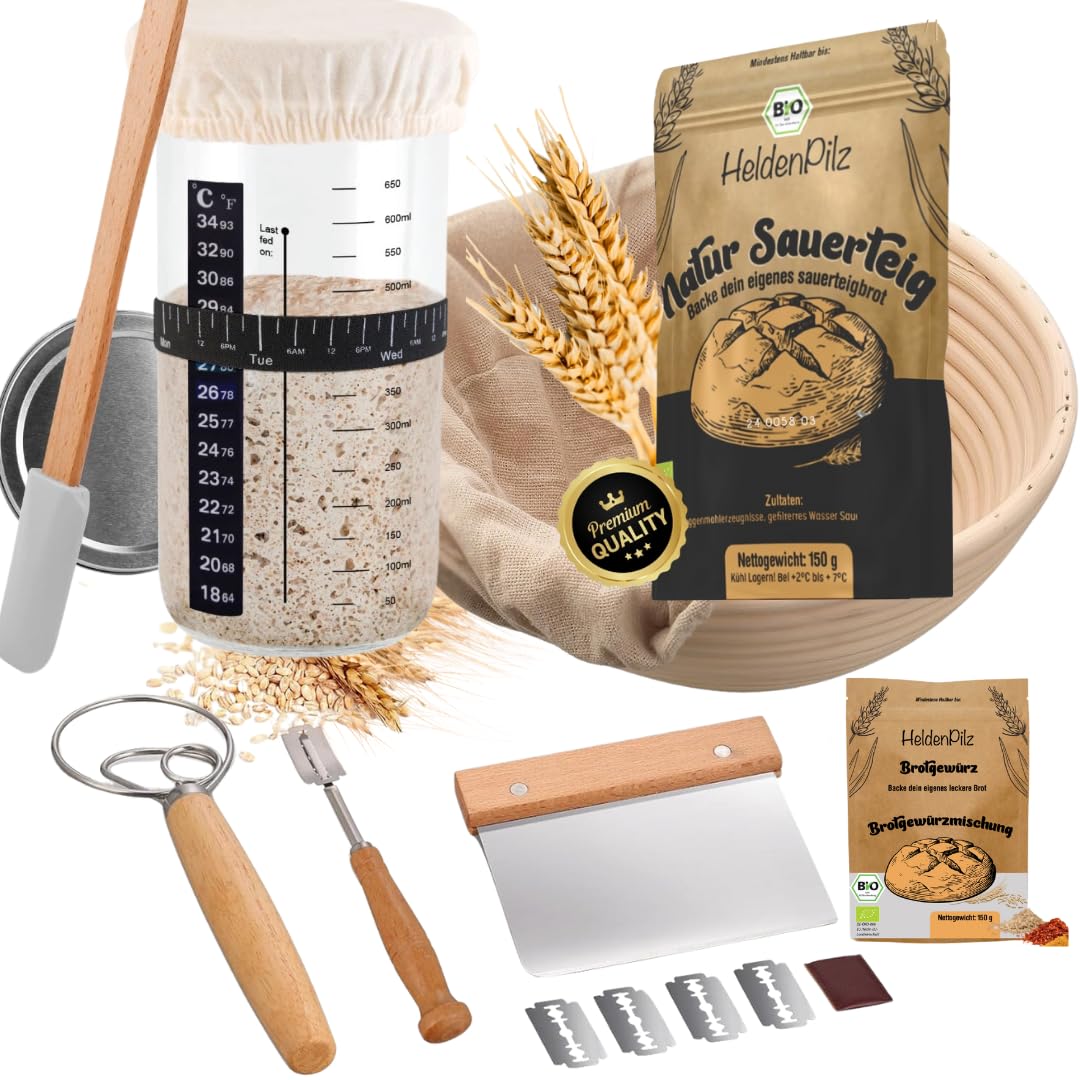 HeldenPilz® | FRISCHER BIO SAUERTEIG | Set zum Brotbacken + Geschenk | knuspriges Brot selber machen inkl. Anleitung und Rezepten | 100% natürliche Zutaten (Komplettset Roggen)