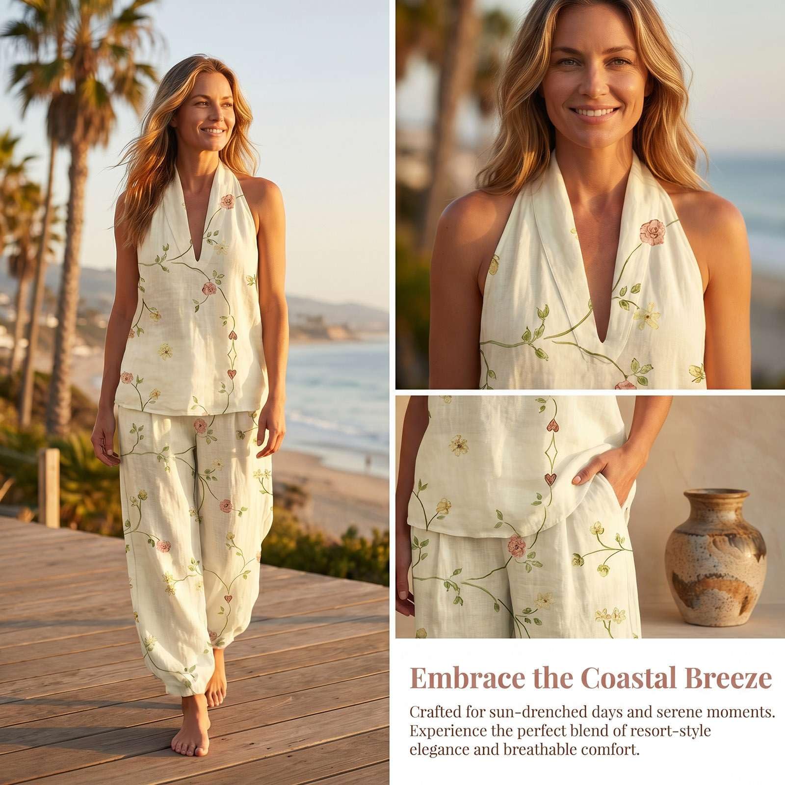 Ensemble Femmes Lin 2 Pièces Chic et Elégant - Haut Col V sans Manches et Pantalon Ample Fluide avec Poches Ensemble Imprimé Décontractée Été Bohème pour Vacances Plage