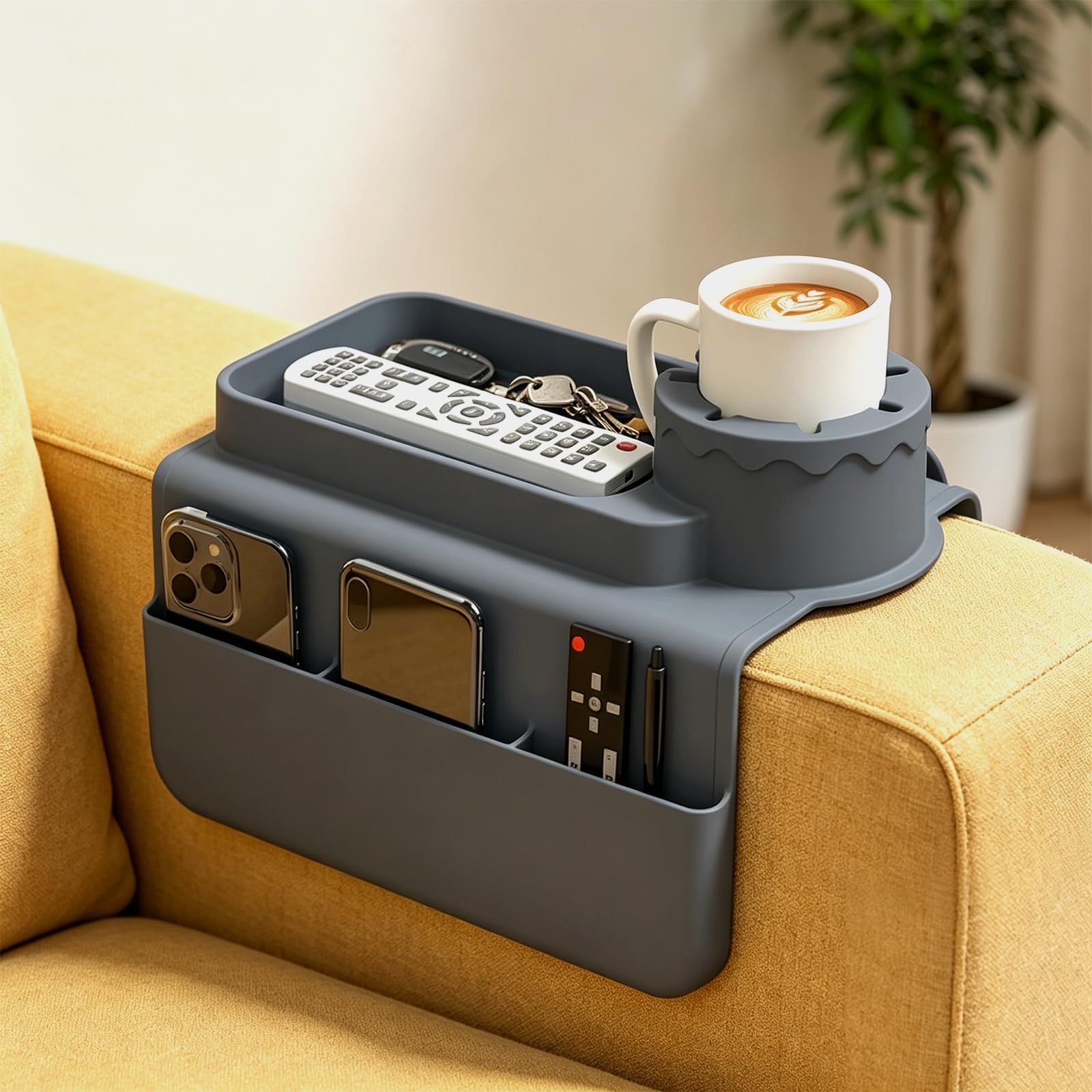 SKJJM Couch Cup Holder, Silicone Sofa Arm Tray with Dual Side Pockets, Anti-Spill Armchair Tray Caddy, Large Storage Anti-Slip Couch Caddy for Drinks, Cups, Phones, Tablets, Remote Control and Snacks