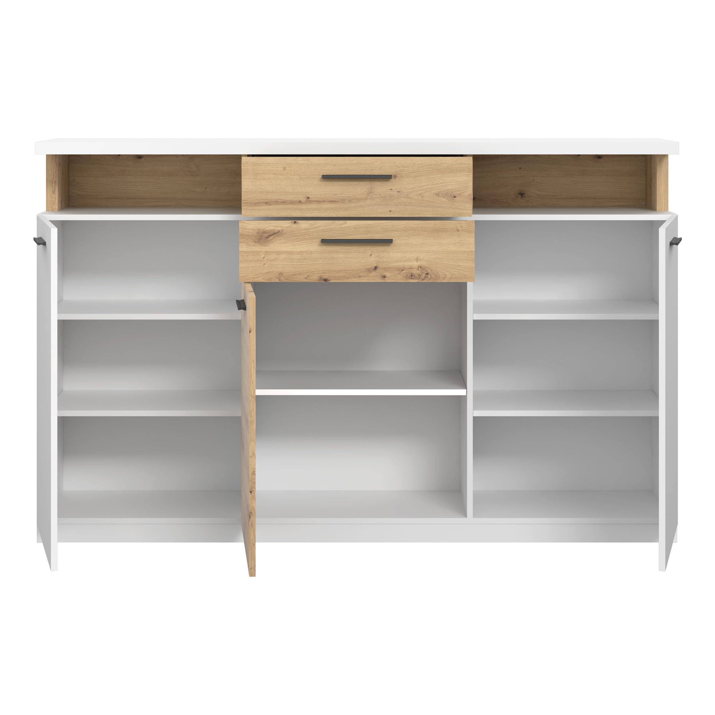 Forte WOY Sideboard 170, modernes Sideboard mit Ablage-Aufsatz, 3-türig, 2 Schubladen, Wohnzimmer, Flur, Holzwerkstoff, Weiß mit Artisaneiche Holzdekor, 169,6 cm breit x 106,5 cm hoch x 42 cm tief