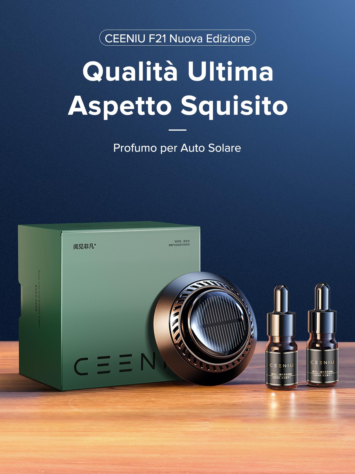 Ceeniu Profumatore Auto F21, Nuovo Modello 2023, Deodorante Solare Rotante, Design UFO in Lega di Alluminio, Silenzioso, Fragranza Fai-da-te, Accessorio Premium, 2 Oli Essenziali Inclusi