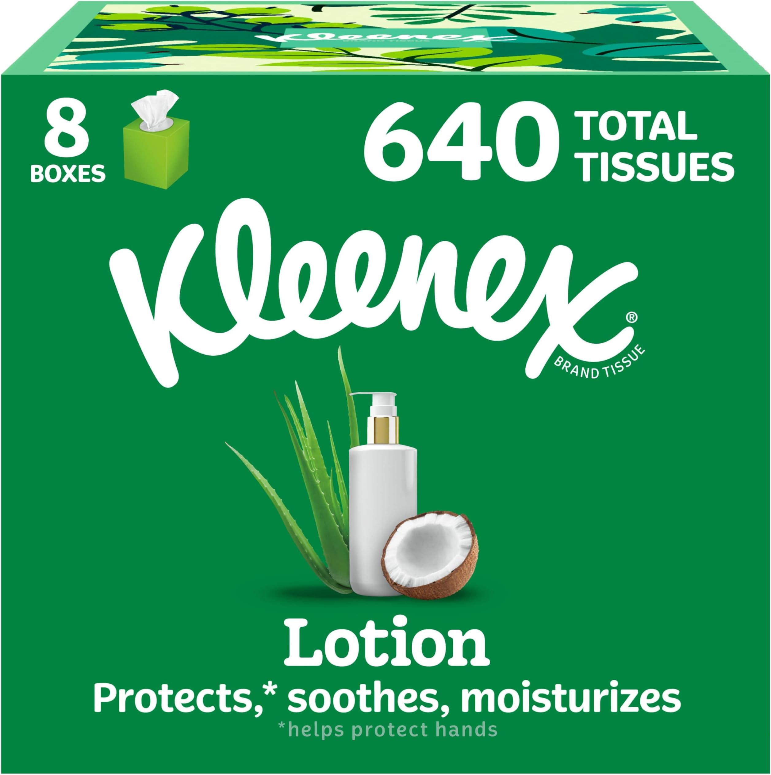 - Kleenex Lotion Facial Tissues with Coconut Oil, 8 Cube Boxes, 80 Tissues Per Box, 3-Ply