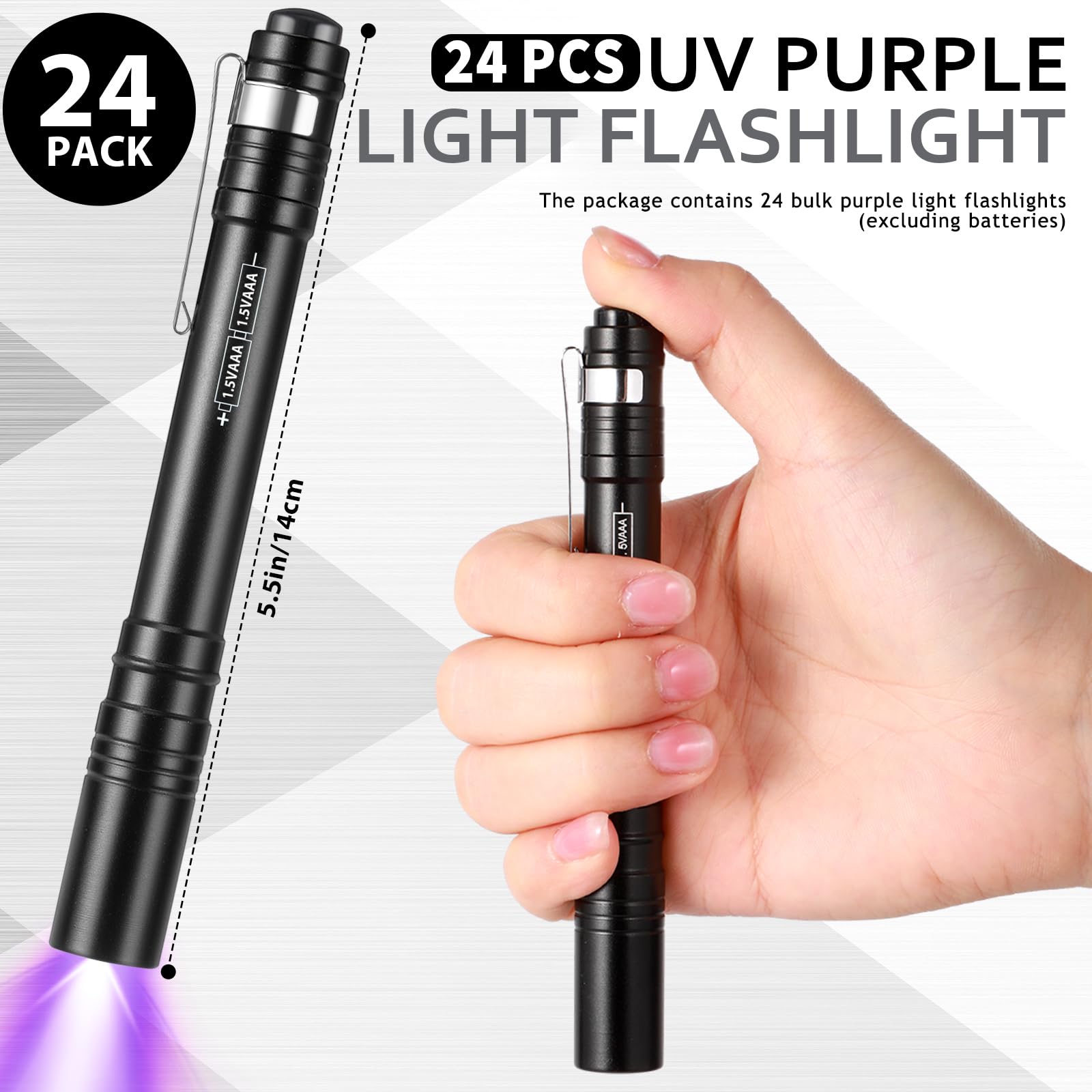 Rossesay Paquete de 24 linternas de luz púrpura UV a granel, luz UV de 395 nm con clip, mini linterna ultravioleta para fugas, orina de mascotas, inspección de hotel, detector de manchas secas y tinte