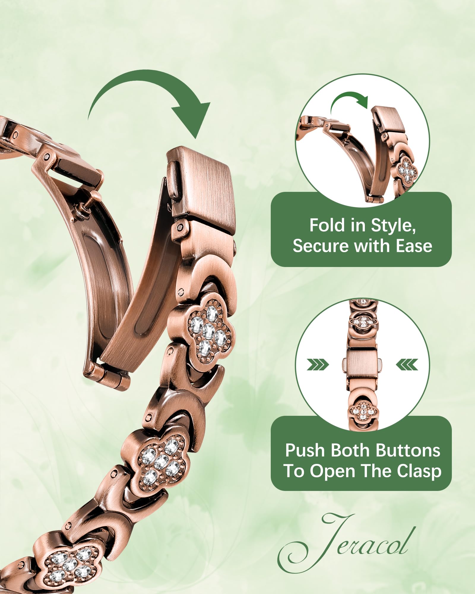 Jeracol Copper Bracelet for Women,Magnetic Bracelets with Lucky Clover,Adjustable Length with Sizing Tool in Gift Box - Image 2