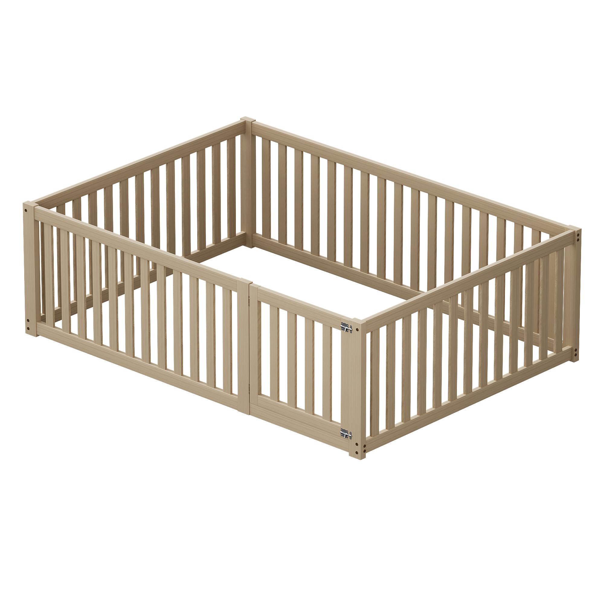 Zepneiy Lit Enfant 140 x 200 cm, Cadre de lit au Sol en Bois Massif, lit Enfant avec clôture et Porte, Coloris Naturel