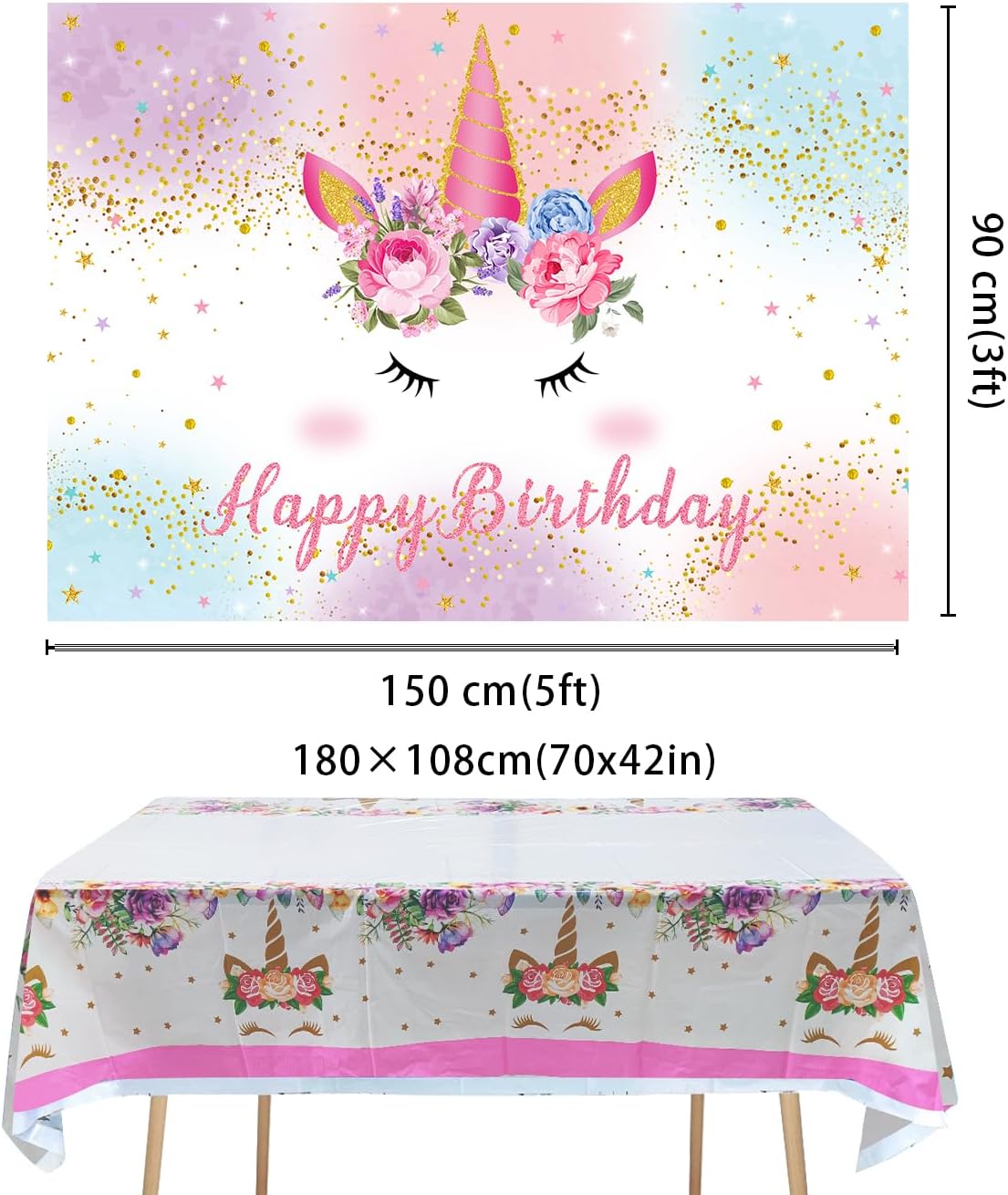 Unicorn Backdrop 5x3ft with Tablecloth 180x108cm for Girls Birthday Party Decoration Unicorn Watercolor Floral Glitter Stars Dots Backdrop Unicorn Theme Party Decoration Supplies Unicorn Tablecloth