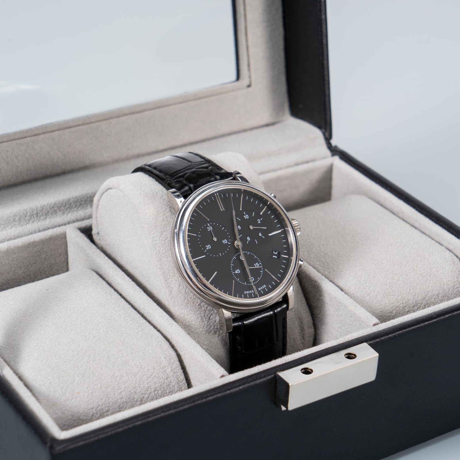 ProCase Caja de Relojes 3 Compartimentos Tapa de Cristal Cojín Extraíble Organizador Negro