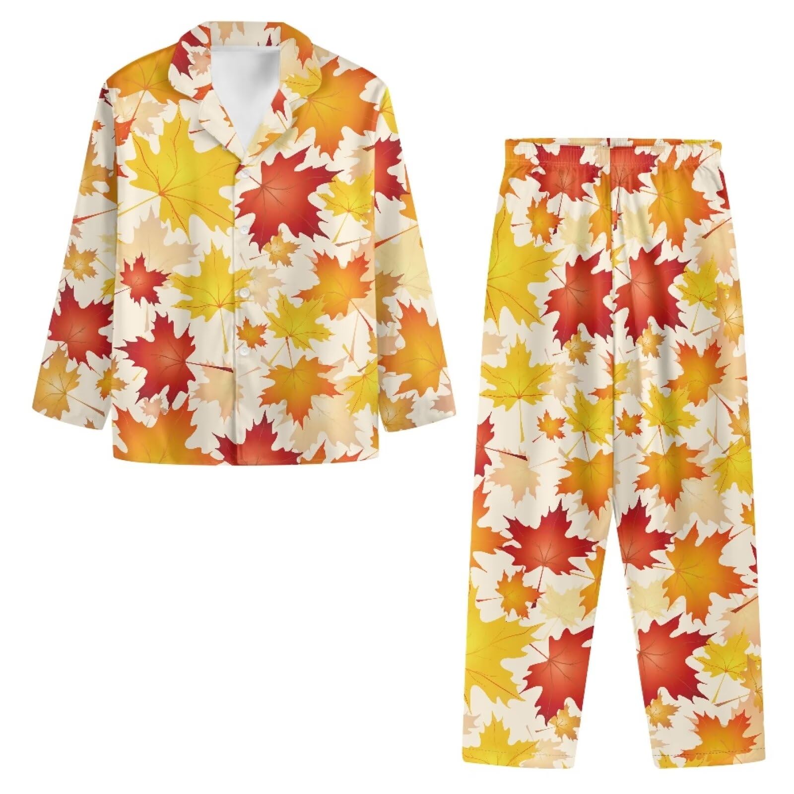 Biyejit Conjunto de pijama para mujer, estilo casual, con botones, cuello en V, bolsillos y bolsillo, tallas XS-4XL, 2 piezas, Hojas de arce otoñales, 3XL