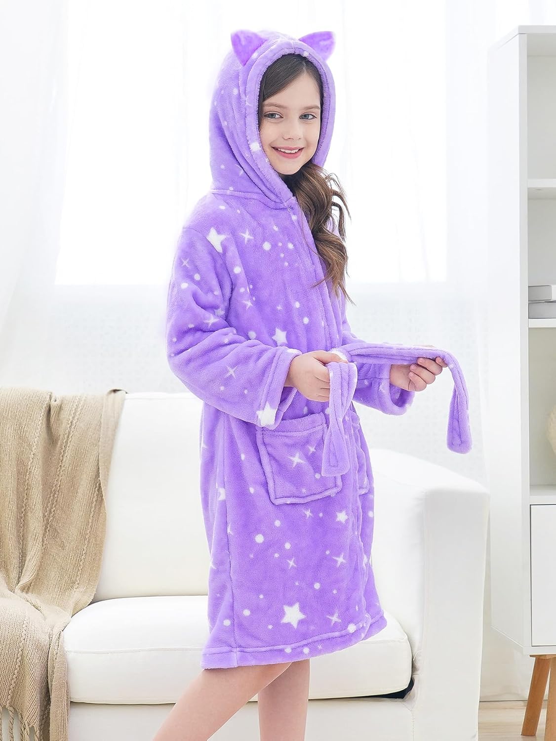 Doctor Unicorn Girls Leopard Cat Robe Kids Fleece Warm Hooded Bathrobe - Image 3