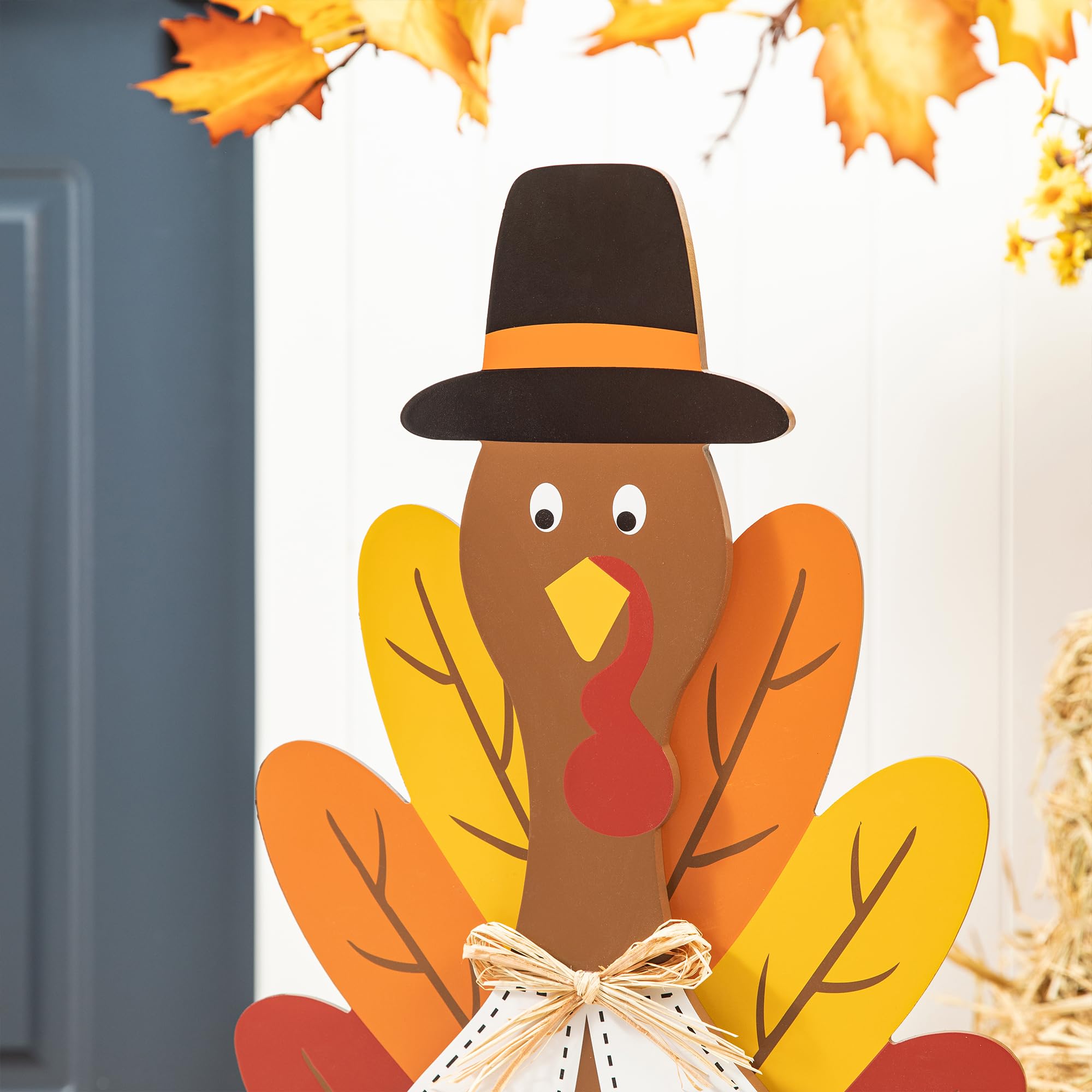 Glitzhome Decoración de porche de madera de Acción de Gracias de 31 pulgadas de alto con base de madera maciza, bonito pavo con sombrero negro, decoración de patio con calabaza para entrada al aire