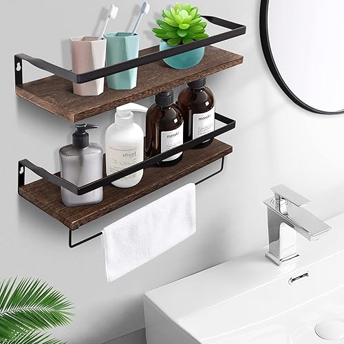 Miniatura 2 de AGM Estantes flotantes juego de 2 estantes flotantes de baño estante de almacenamiento de pared negro carbonizado con toallero estantes montados en