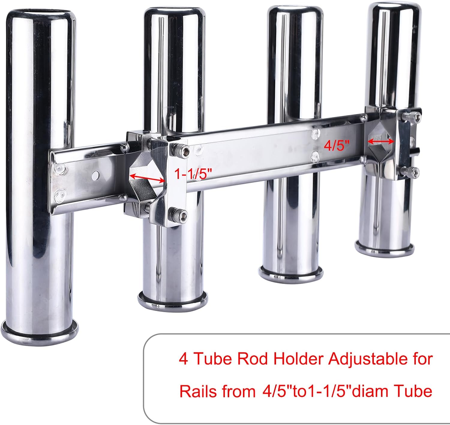 NovelBee 4 Tubes Fishing Rod Holders,Stainless Steel Boat Rod Holder with Clamp Adjustable for Rails from 4/5" to 1-1/5" diam Tube