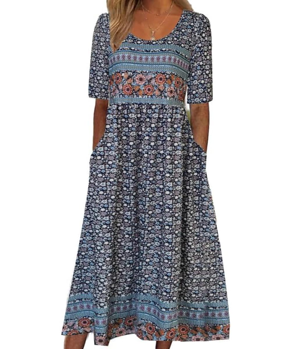 ABINGOO Mujere Vestidos de Verano Cuello Redondo Manga Corta Vestido Bohemio Floral Vestido de Playa Casual Midi Vestido Largos con Bolsillos