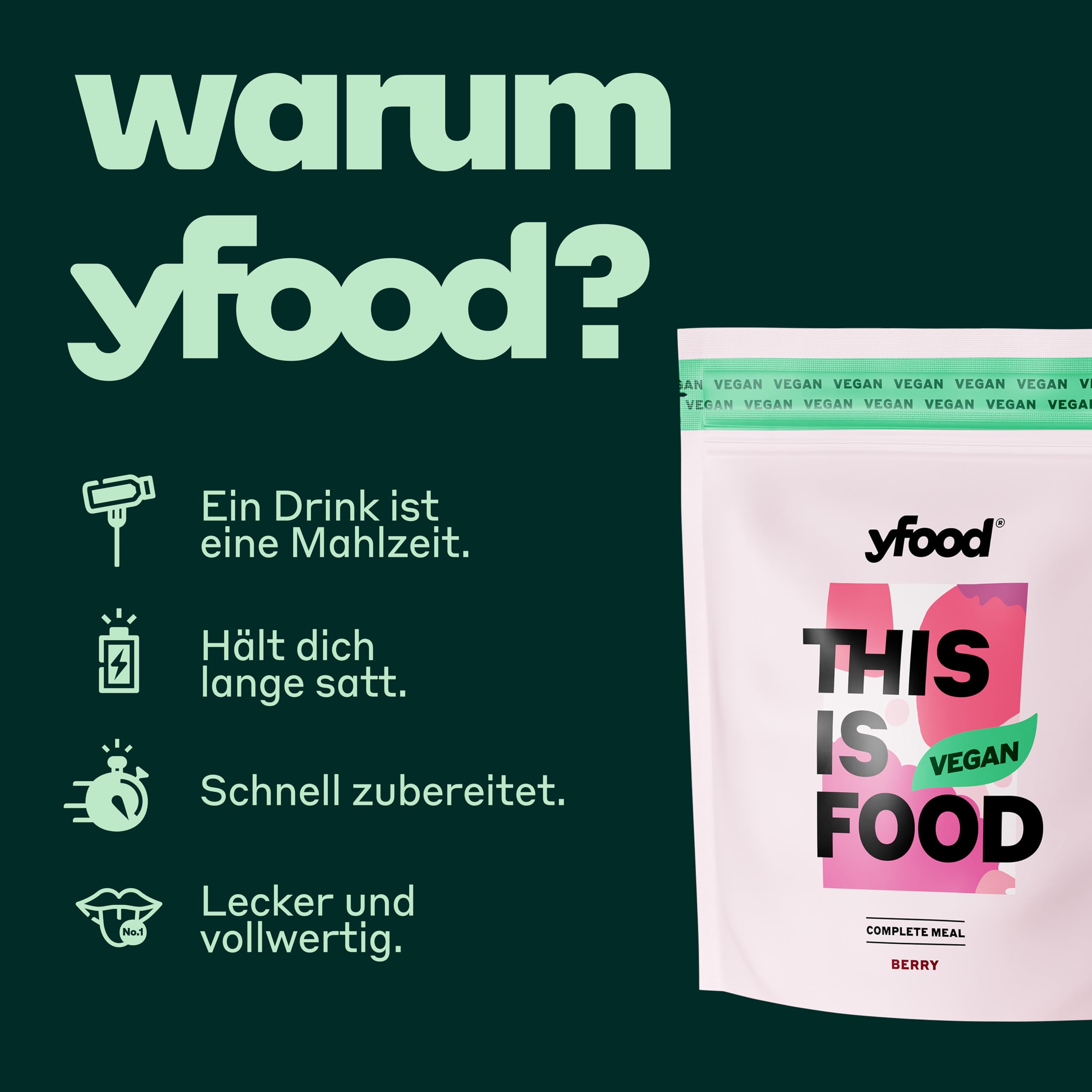 yfood Vegan Berry, Pulver Trinkmahlzeit, 12 Mahlzeiten à 400 kcal