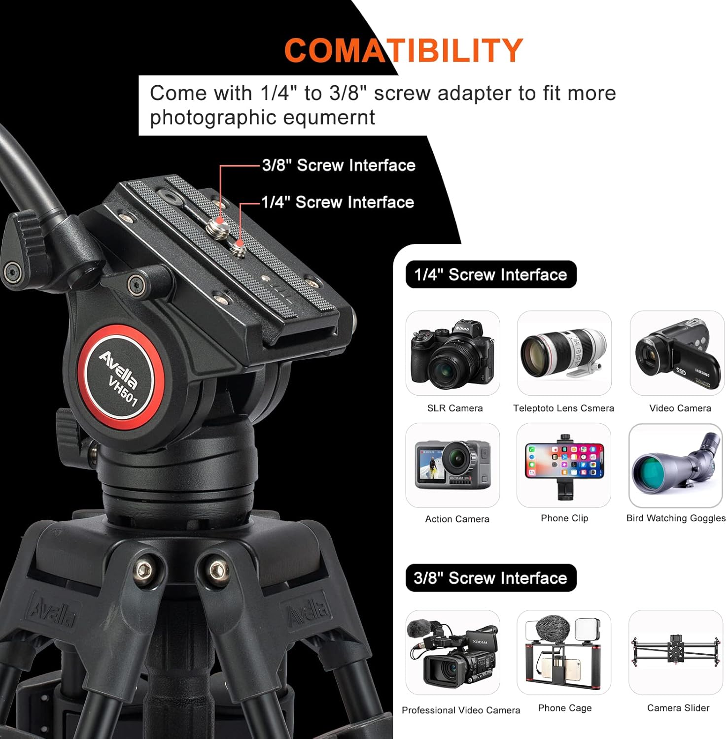 Video Tripod, Avella VH501 72 inch Professional Heavy Duty Aluminum Tripod, with Detachable Fluid Drag Pan Tilt Head Max Loading 13.2 LB, for Canon Nikon Sony Olympus Panasonic DSLR Camcorder : Electronics