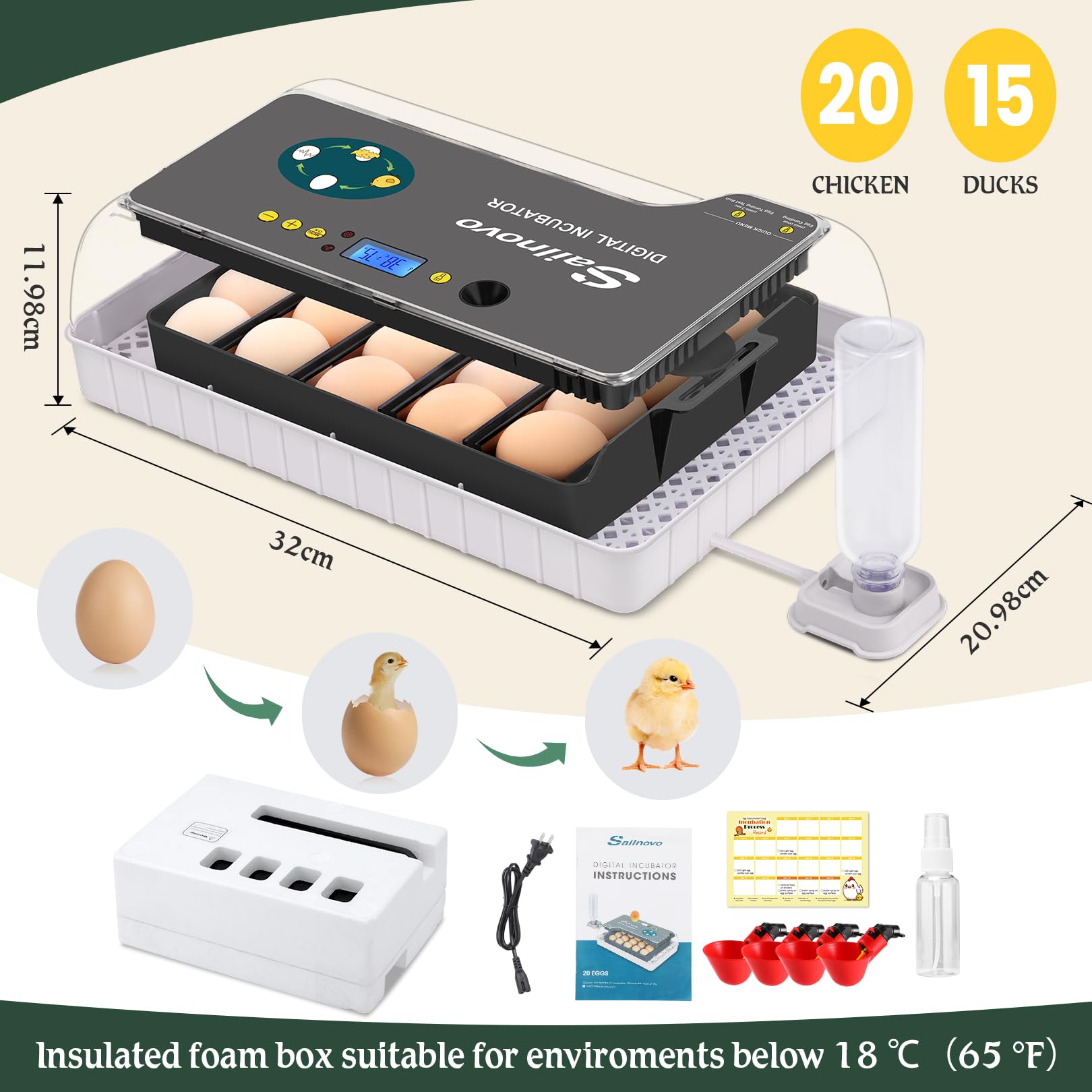 Sailnovo Sailvono 20 Incubateur entièrement automatique, avec ajout d'eau externe, contrôle de la température, éclairage LED, retournement automatique des œufs, de poules - Noir