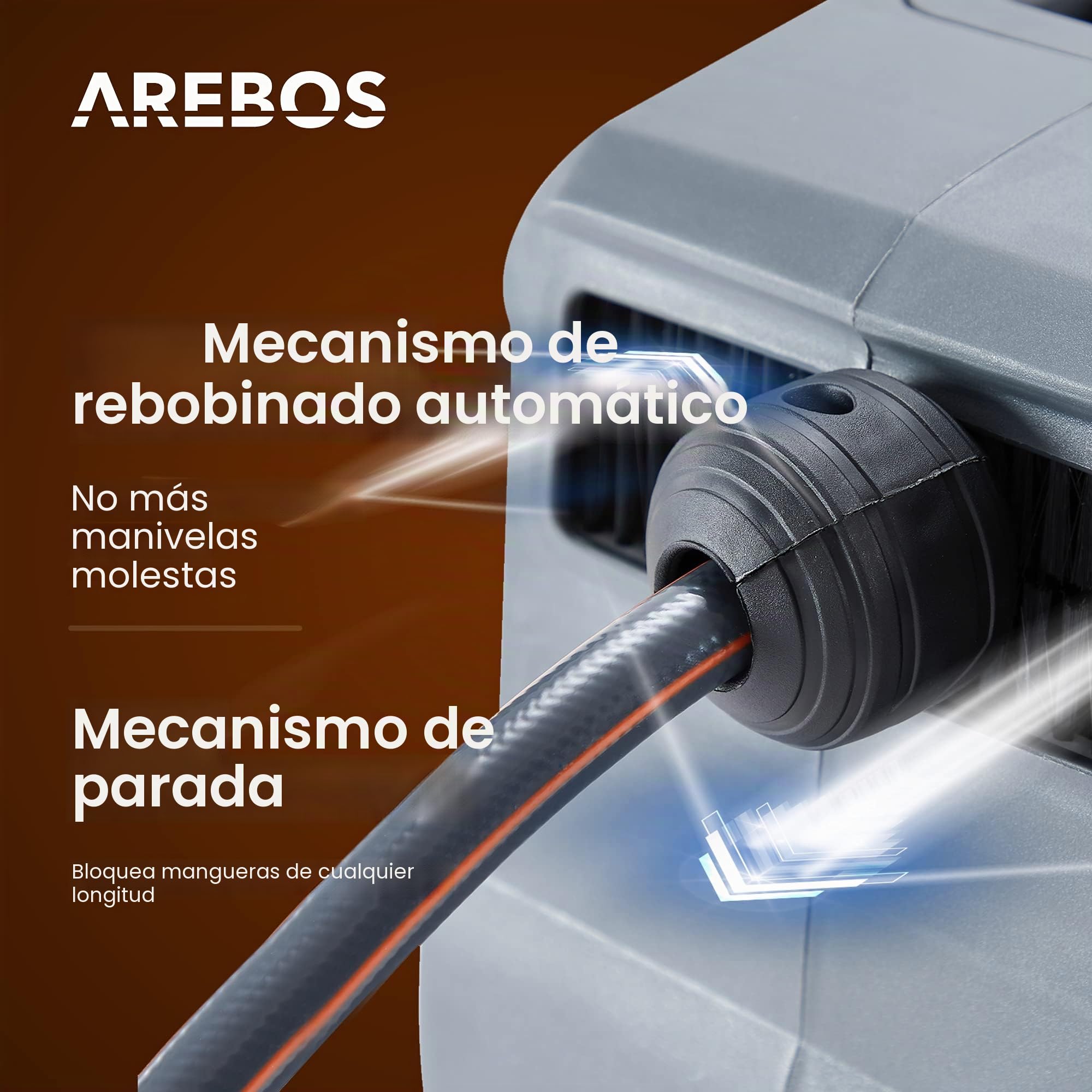 Arebos Carrete de Manguera de Jardín Automático | Enrollador de manguera | Carrete para Manguera | Manguera de Jardín 30 m | 180° Giratorio | Naranja