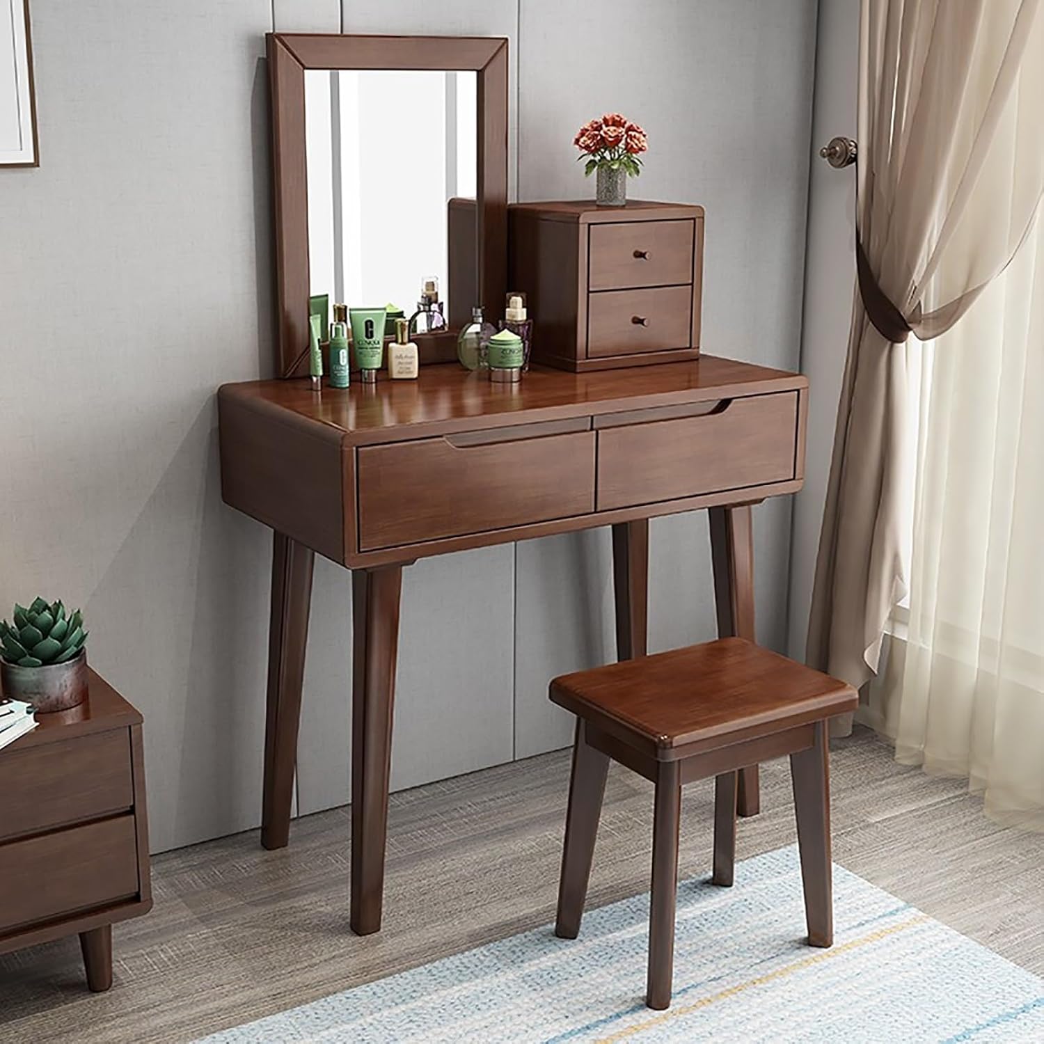 Vanity Desk with Mirror Makeup Table Dressing Table Set with Cushioned Stool and Drawer Vanity Cosmetics Table Small Makeup Vanity for Bedroom and Dressing Room Girls Women.(Walnut,60x40x75cm)
