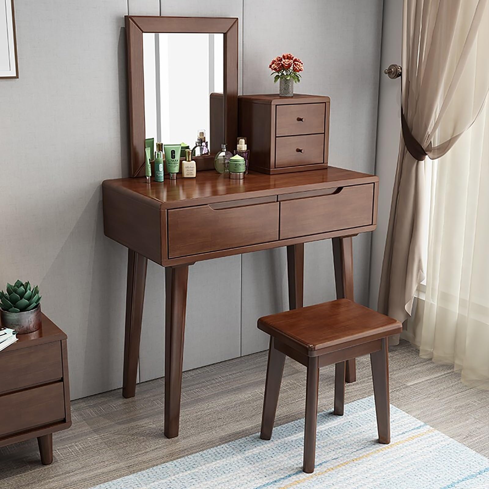 asdchZen Elegant White Vanity Desk Set With Mirror, Cushioned Stool, And Drawer-Perfect Makeup Table For Bedroom And Dressing Room-Ideal For Girls And Women.,Walnut-80x40x75cm