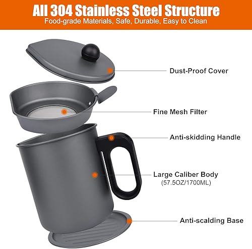 Miniatura 2 de Ahorro de grasa de tocino con colador, contenedor de grasa de cocina de 1.7 L, separador de grasa para cocinar aceite grande de tocino para goteo de