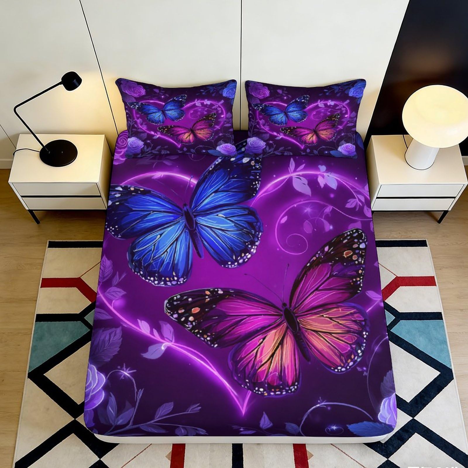 Jqzkxnhpbr Style-2 3D Printed Purple Butterfly Fitted Sheet Microfiber Soft Anti-Slip Heart Pattern Mattress Cover For Bedroom And Guest Room 90X200x25cm
