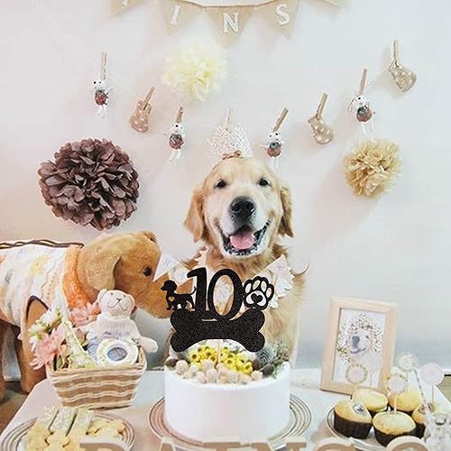 Miniatura 7 de 1 pieza de decoración para pastel de cumpleaños número 10, pata de perro con purpurina negra de diez años de edad, cachorro de perro, hueso para