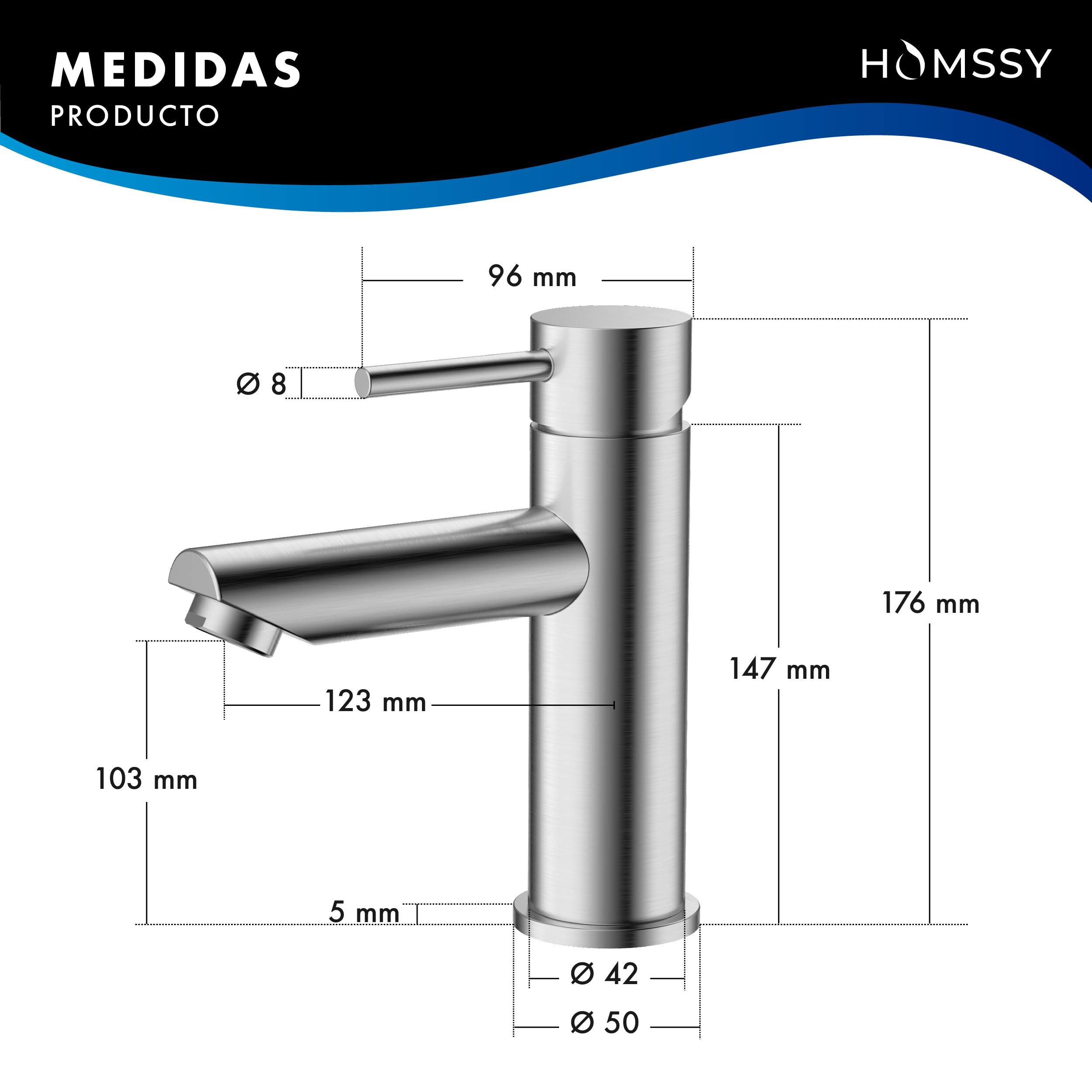 Grifo Lavabo Monomando Inox Cepillado