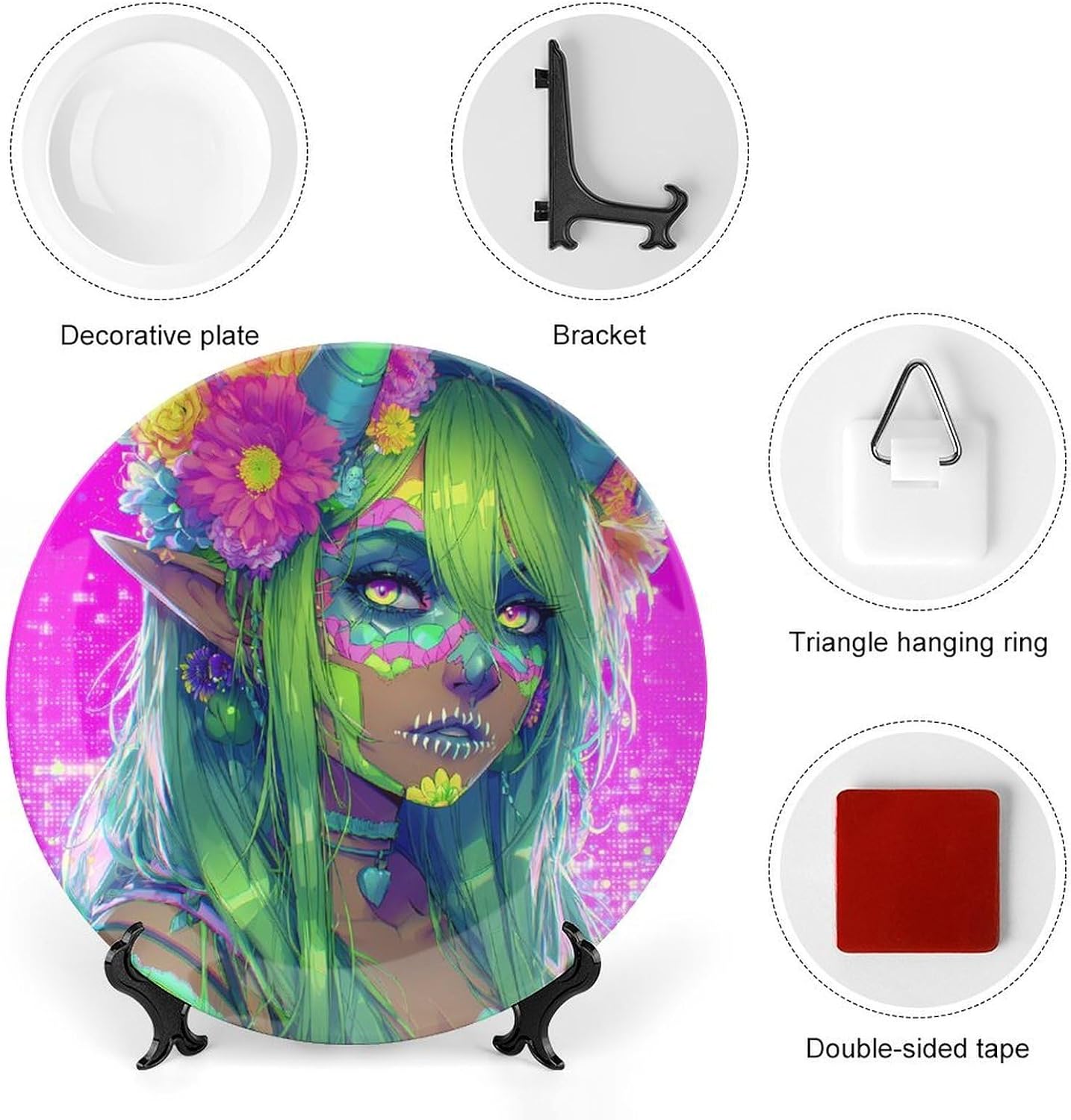 Neon Anime Woman Custom Bone China Decor Plate Ceramic Decorative Plate with Display Stand for Home Office Wall image 3