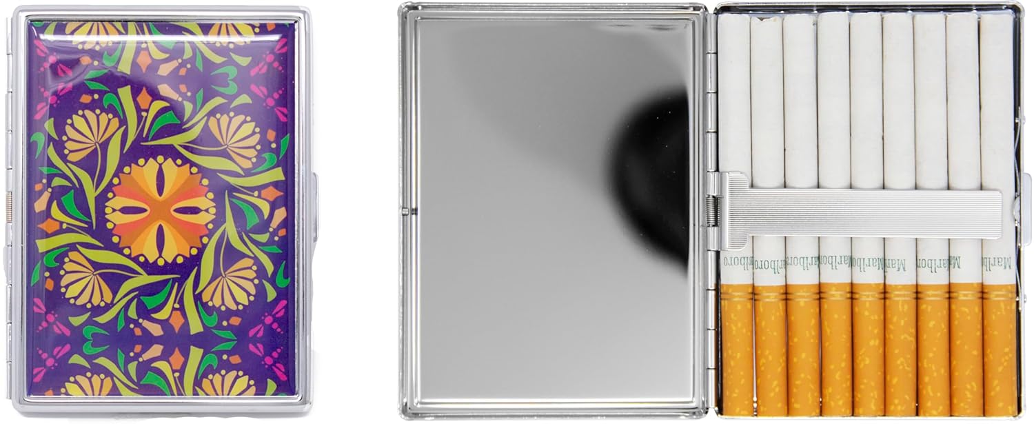 Set of 2 Metal-Plated 100s Ultra Compact Cigarette Case with Insert (Purple Floral)