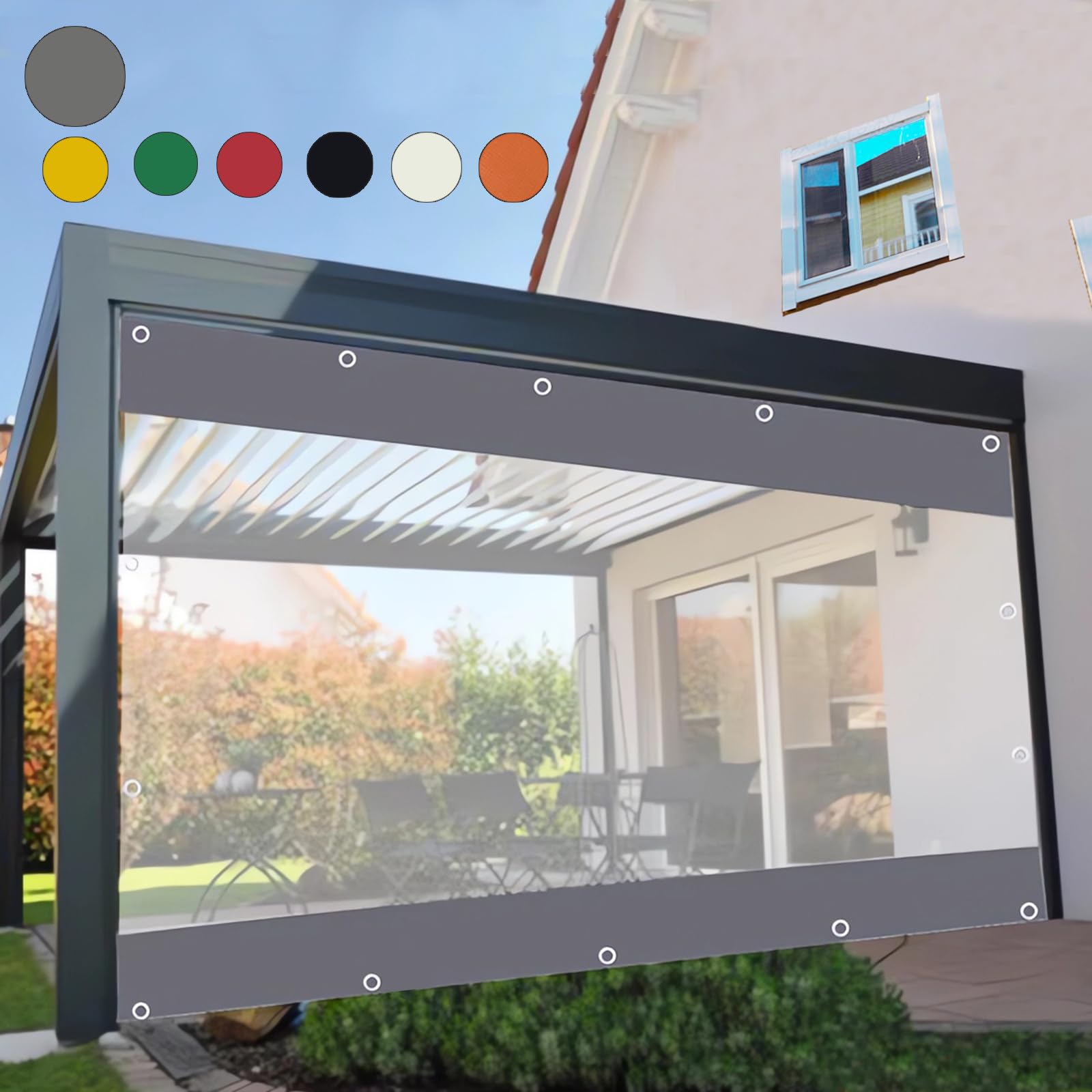 Gyuezx Grey Heavy Duty Tarpaulin With Grommets,Transparent Tarpaulin Side Panels,Outdoor Clear Tarp Curtain,100% Waterproof,For Pergola,Porch,Gazebo,Patio,Customisable H×W- 2.4X2.4m/7.87X7.87ft