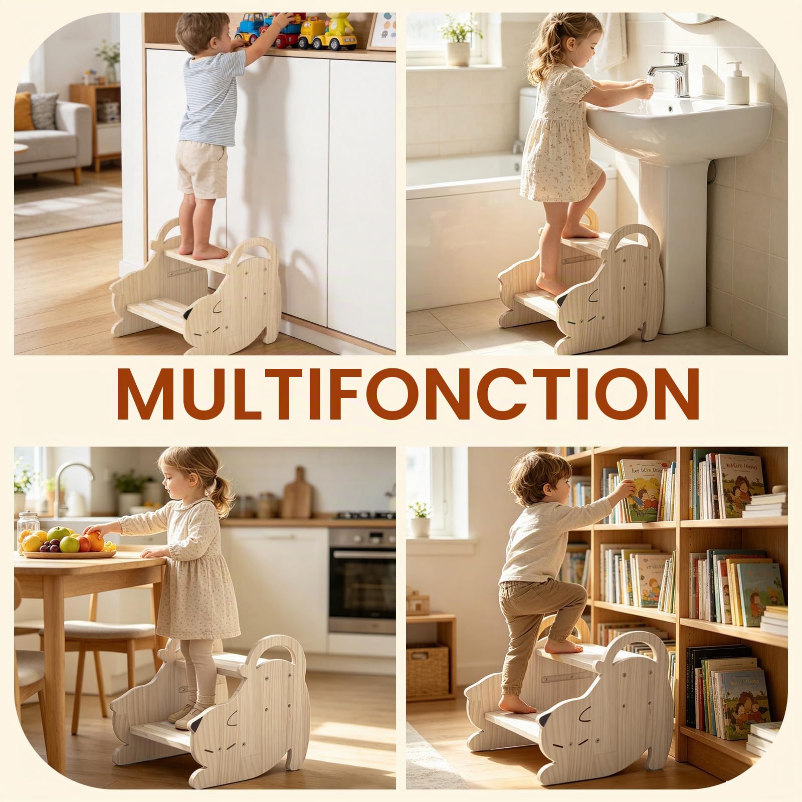 Marchepied pour Enfant, Antidérapant Portables Tabouret Marche Pied Bois 2 Marches Stable Marche Pied Enfant Charge Maximale 150kg, Deux Hauteurs Réglables, pour Salle de Bain et Cuisine, Chat