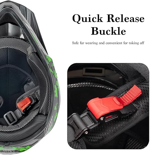 Miniatura 5 de Casco de motocross para niños jóvenes, casco de motocicleta todoterreno BMX de 4 ruedas con gafas, guantes y máscara, aprobado por DOT (verde