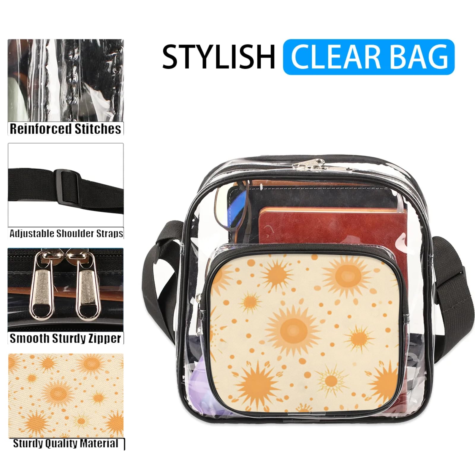 Clear Crossbody Bag Stadium Approved Sun Transparent Bag for Festivals, Sports Events, Concerts,Beach Bag for Women Men Clear Purse with Front Pocket Messenger Bag with Adjustable Strap