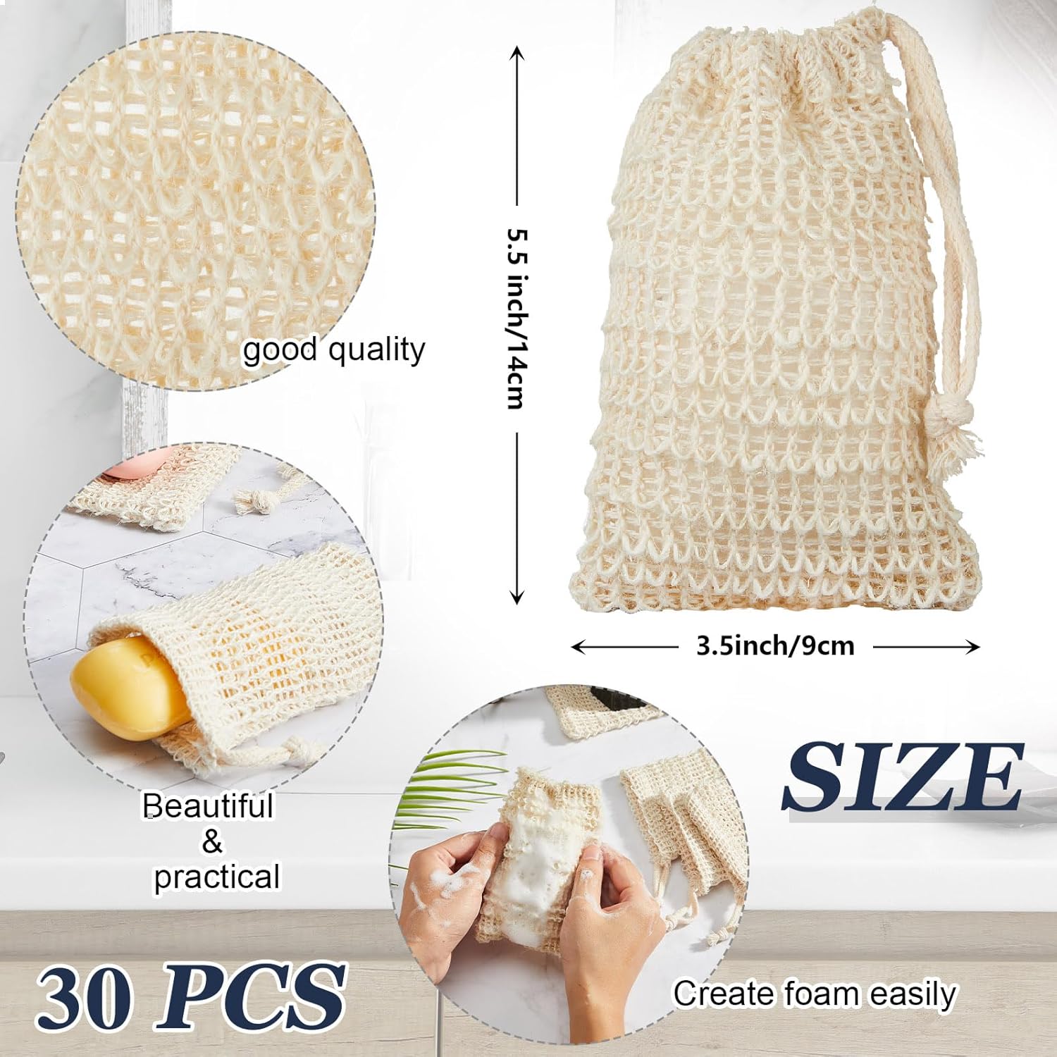 Umigy 60-Piece Soap Saver Kit - Sisal Mesh Bags & Bamboo Wood Soap Holders for Bath & Shower (Beige, Charcoal)