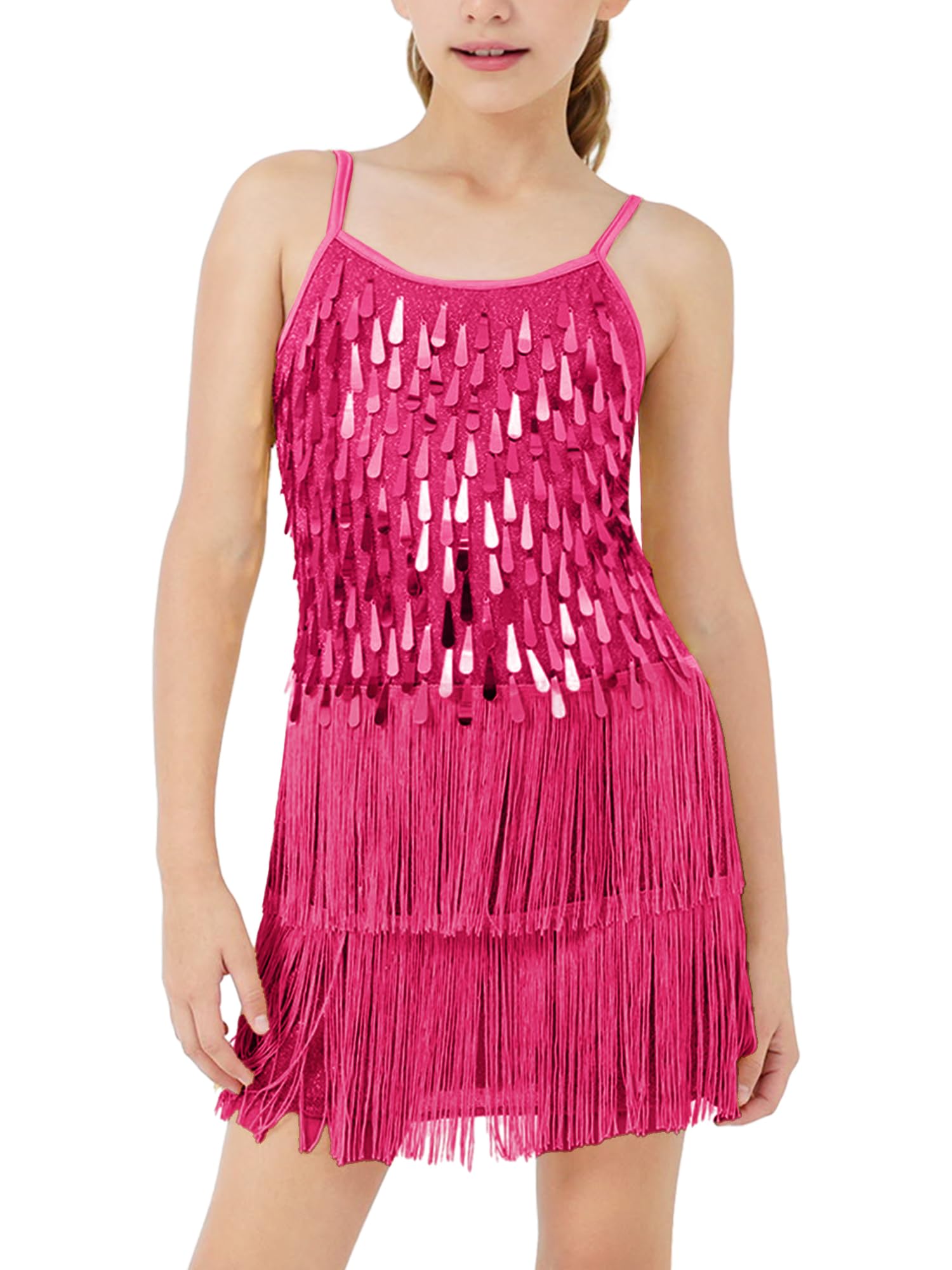 LOLANTA Traje de Baile con Flecos de Lentejuelas para Niñas, Conjunto de Baile Latino para Niños Salsa Rumba, Brillantes Minivestido Flecos de Baile Sin Mangas con Pantalón Corto